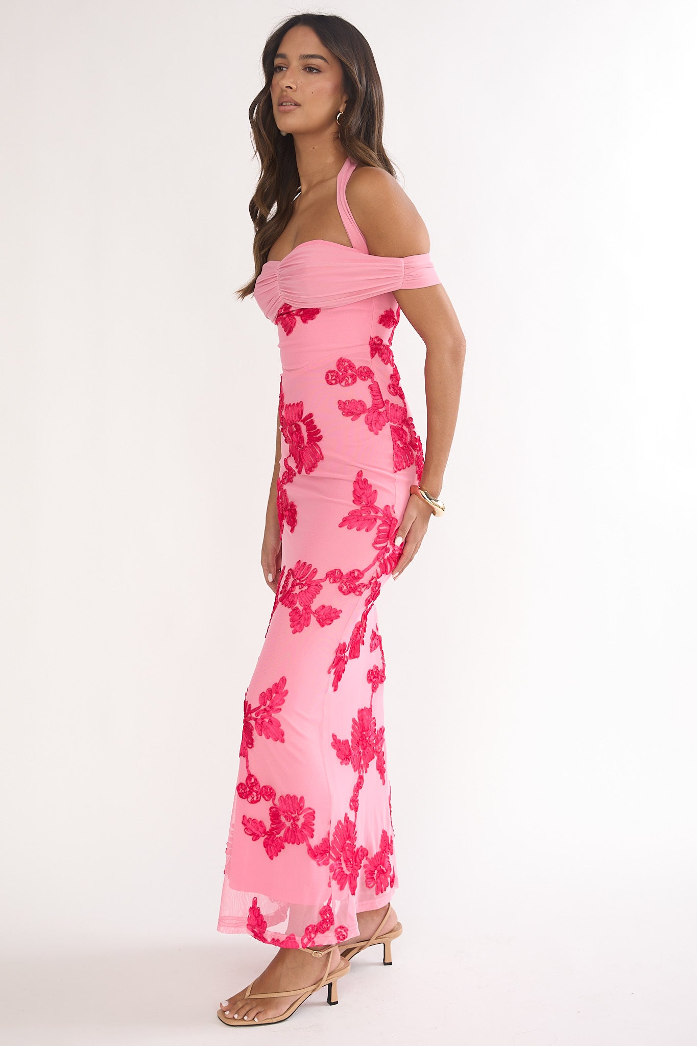 Fleurie Halter Off-Shoulder Maxi Dress Embellished Pink-Maymioy