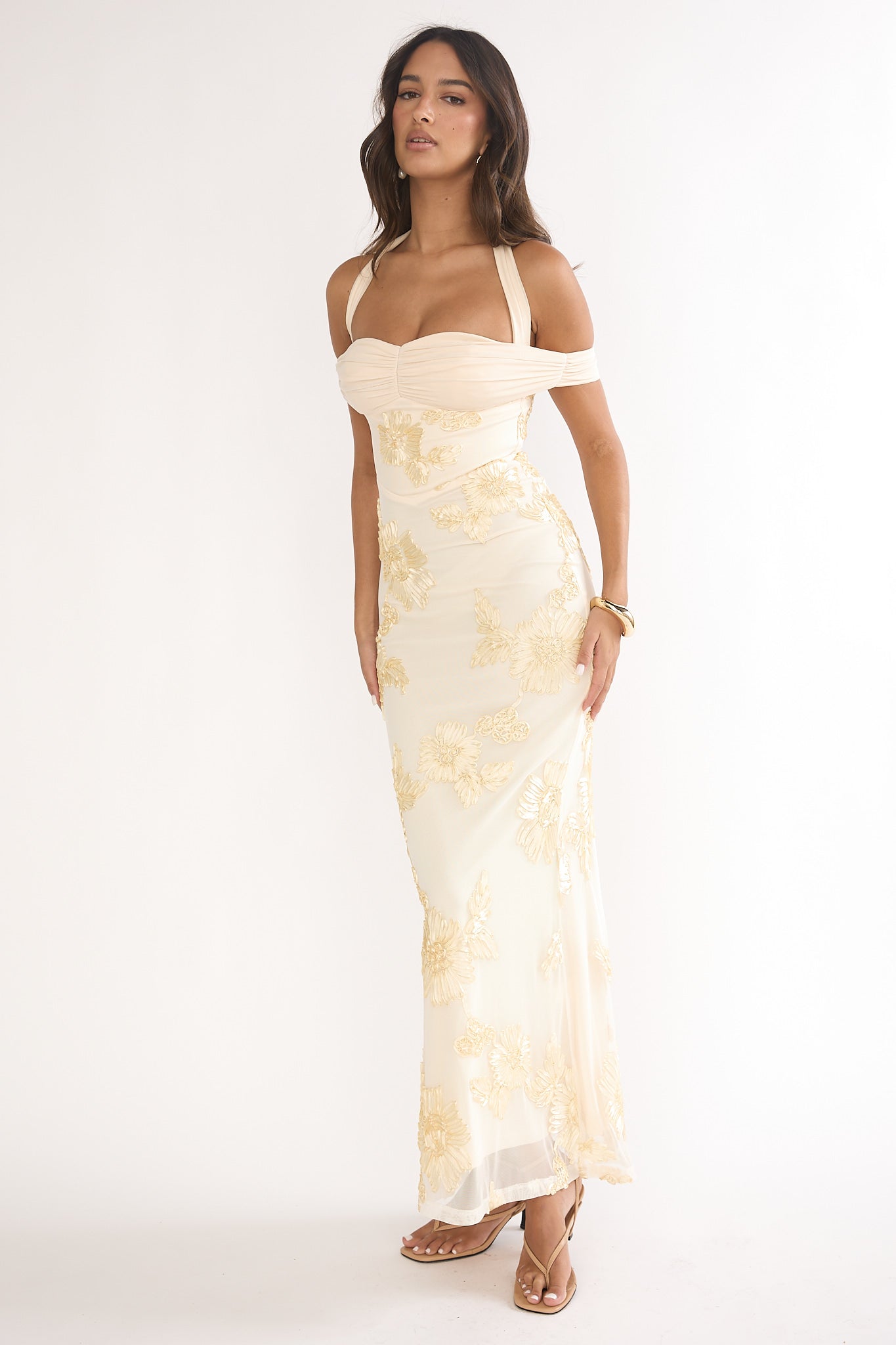 Fleurie Halter Off-Shoulder Maxi Dress Embellished Yellow-Maymioy