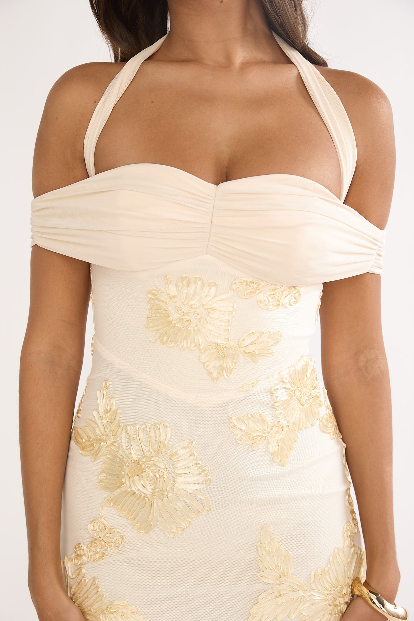 Fleurie Halter Off-Shoulder Maxi Dress Embellished Yellow-Maymioy