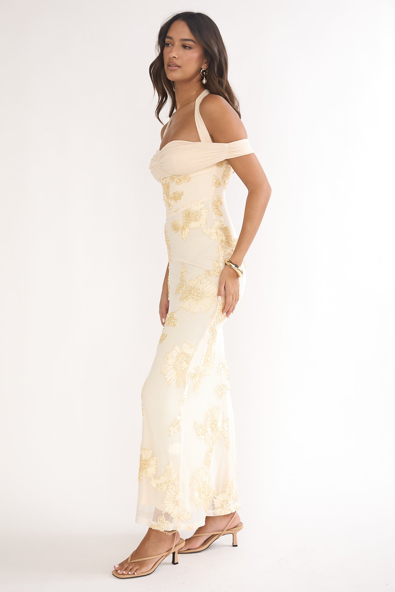 Fleurie Halter Off-Shoulder Maxi Dress Embellished Yellow-Maymioy