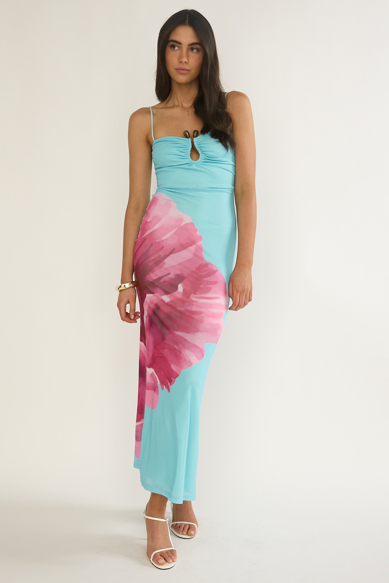 Orabella Waterdrop Wire Bust Maxi Dress Floral Aqua-Maymioy
