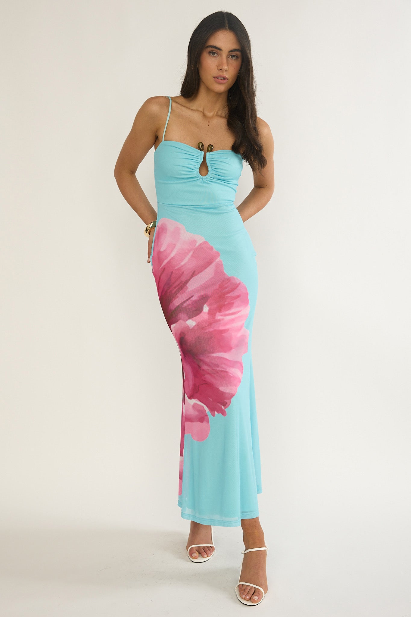 Orabella Waterdrop Wire Bust Maxi Dress Floral Aqua-Maymioy