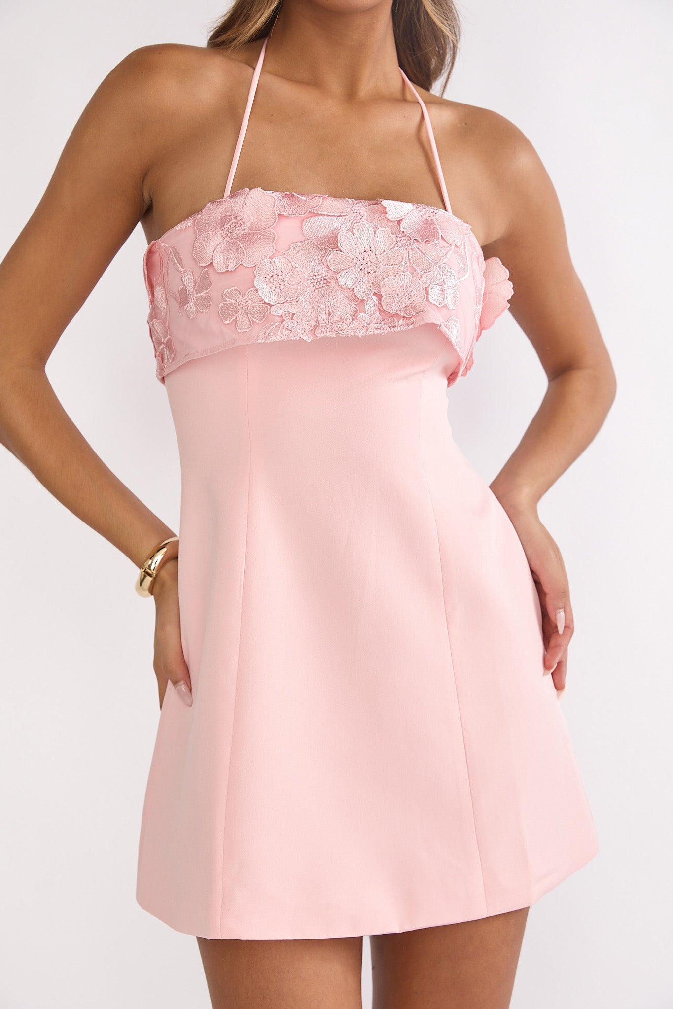 Sunbeam Kiss Foldover Floral Bust Mini Dress Blush-Maymioy