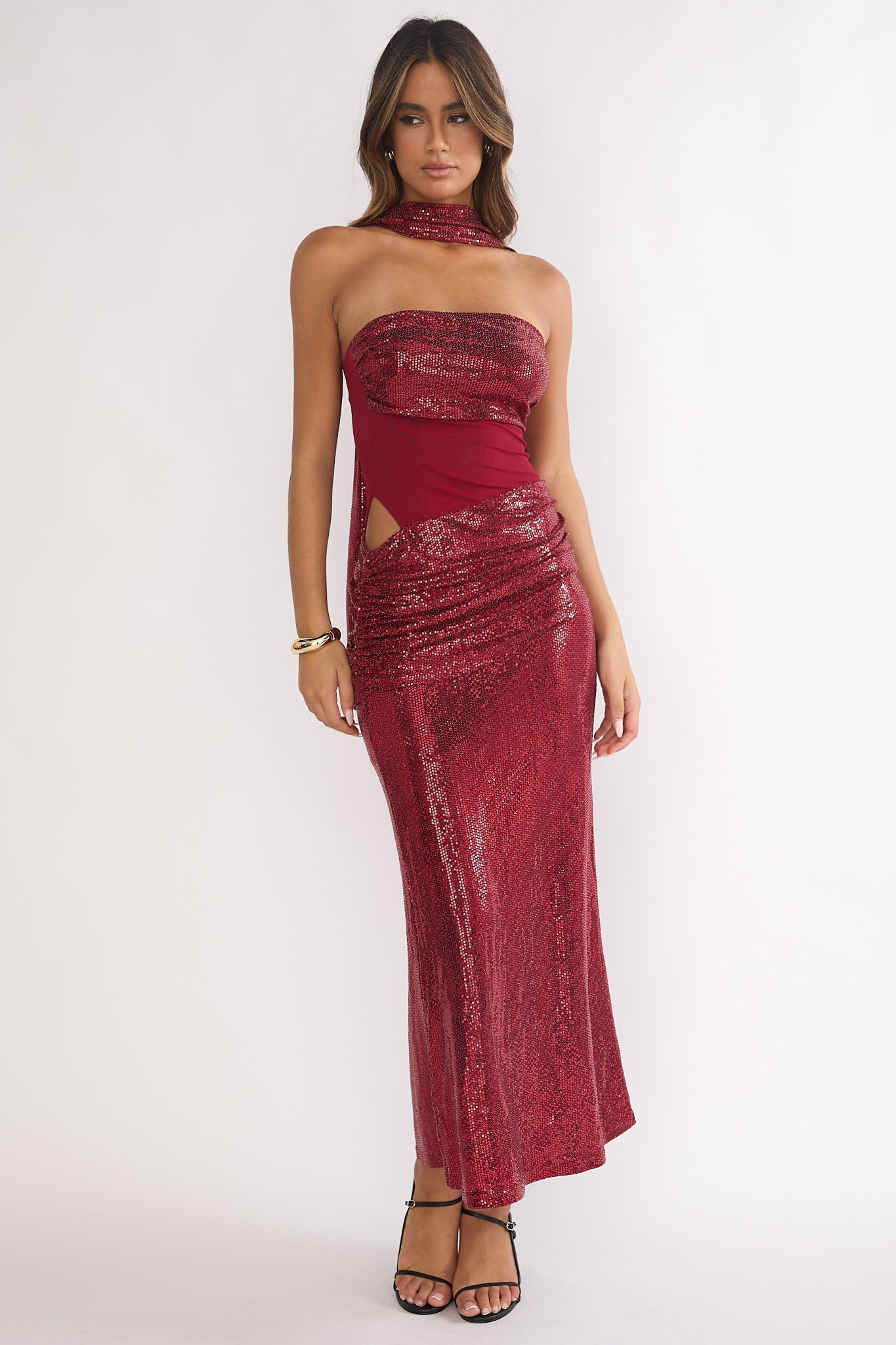 Seraphinna Strapless Cut-Out Maxi Dress Sequin Red-Maymioy