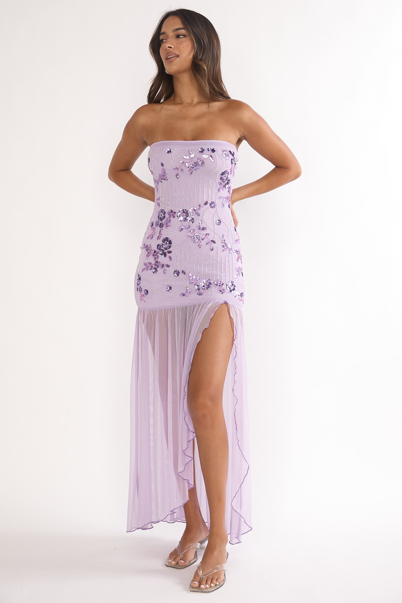 Jezra Strapless Sequin Embellished Maxi Dress Purple-Maymioy