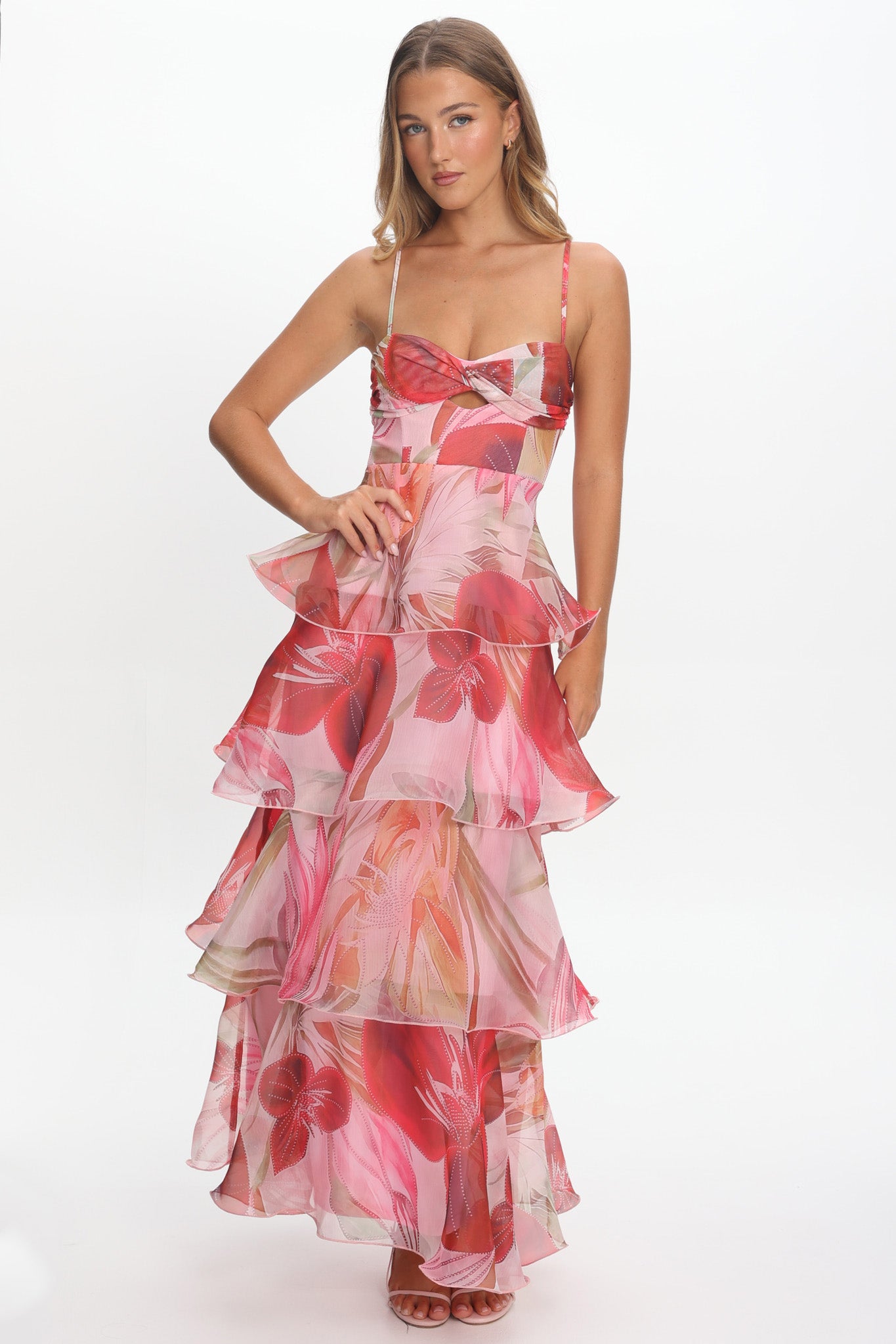 Varenna Layered Sweetheart Neckline Maxi Dress Print Red-Maymioy