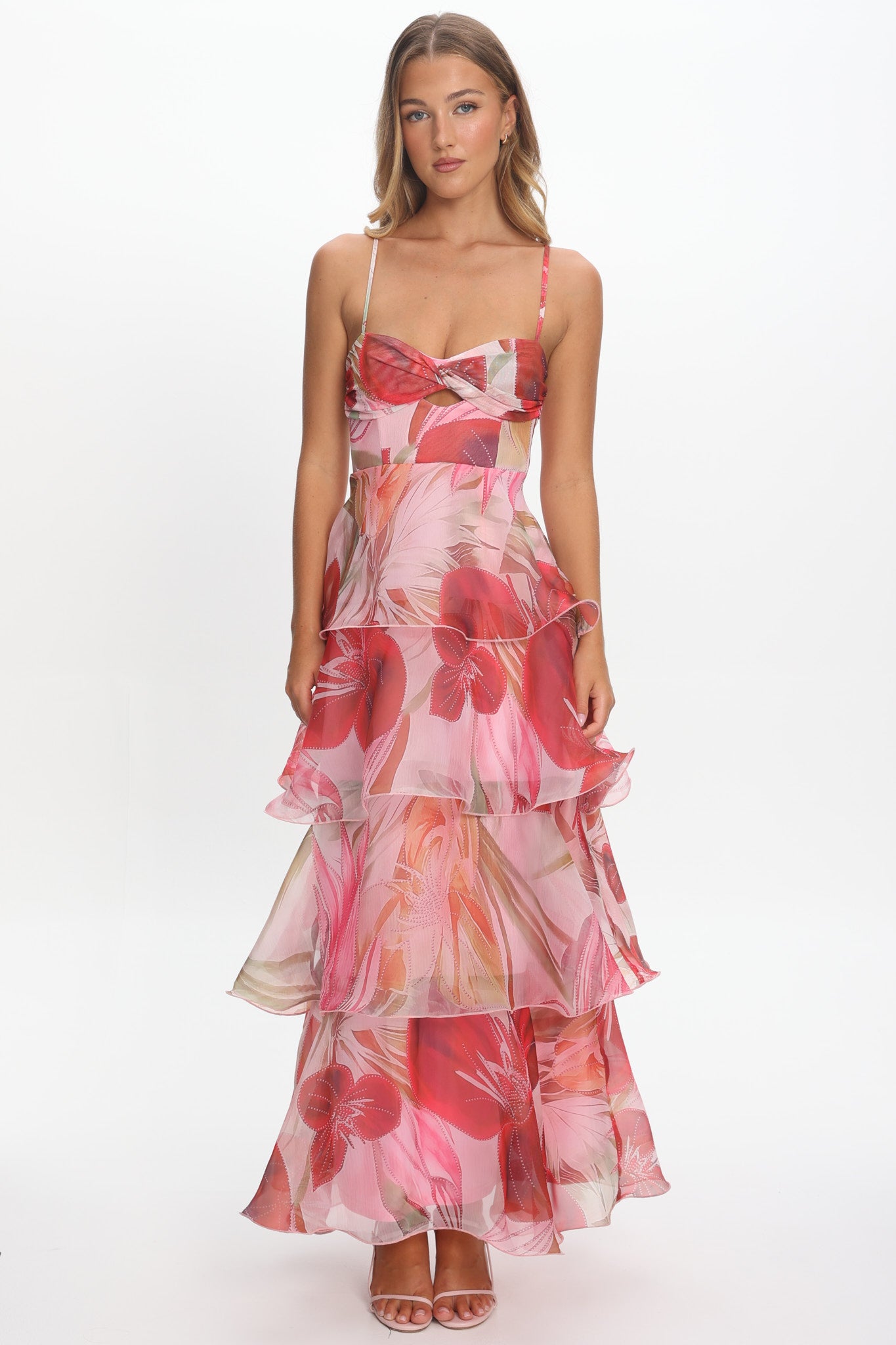 Varenna Layered Sweetheart Neckline Maxi Dress Print Red-Maymioy