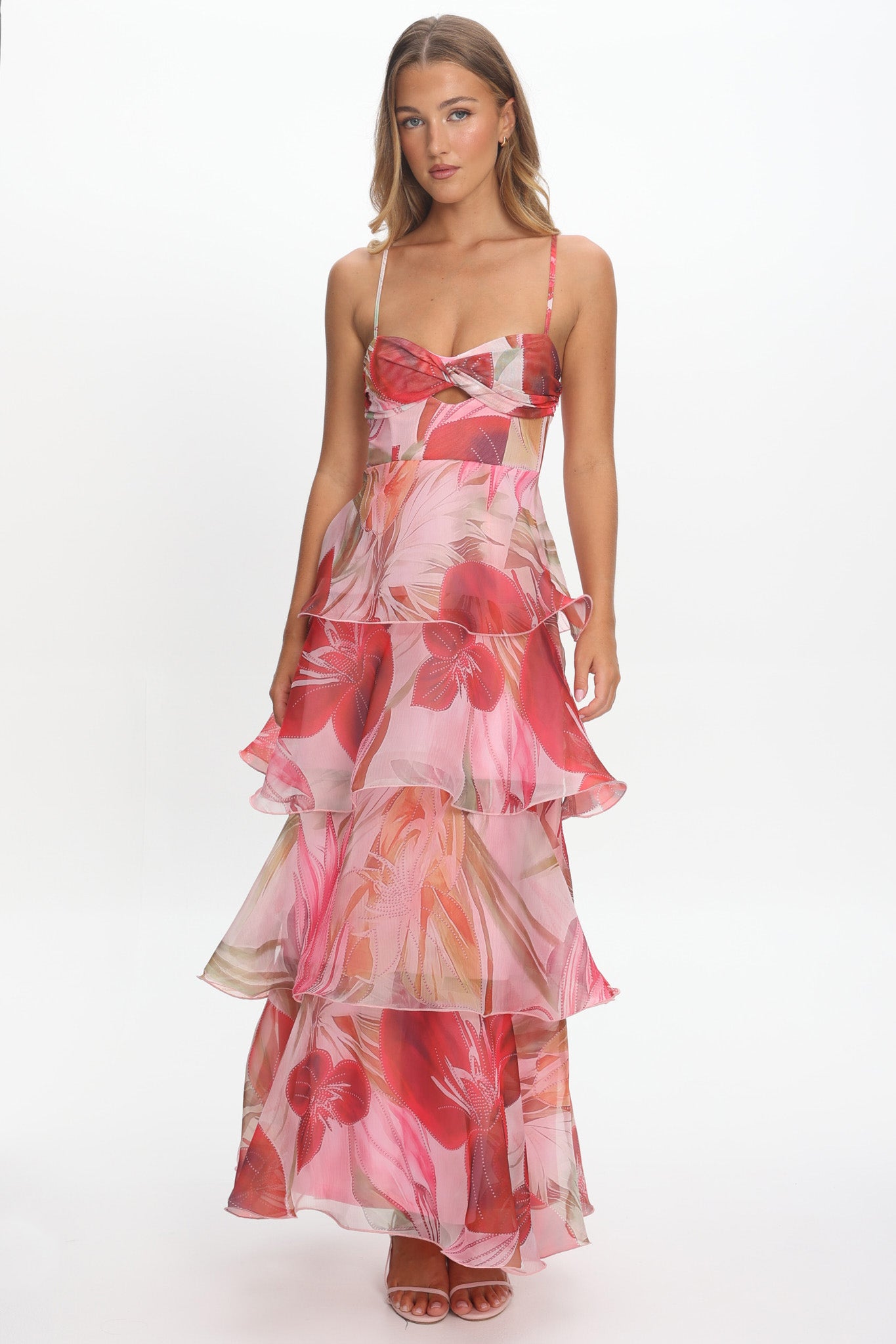 Varenna Layered Sweetheart Neckline Maxi Dress Print Red-Maymioy