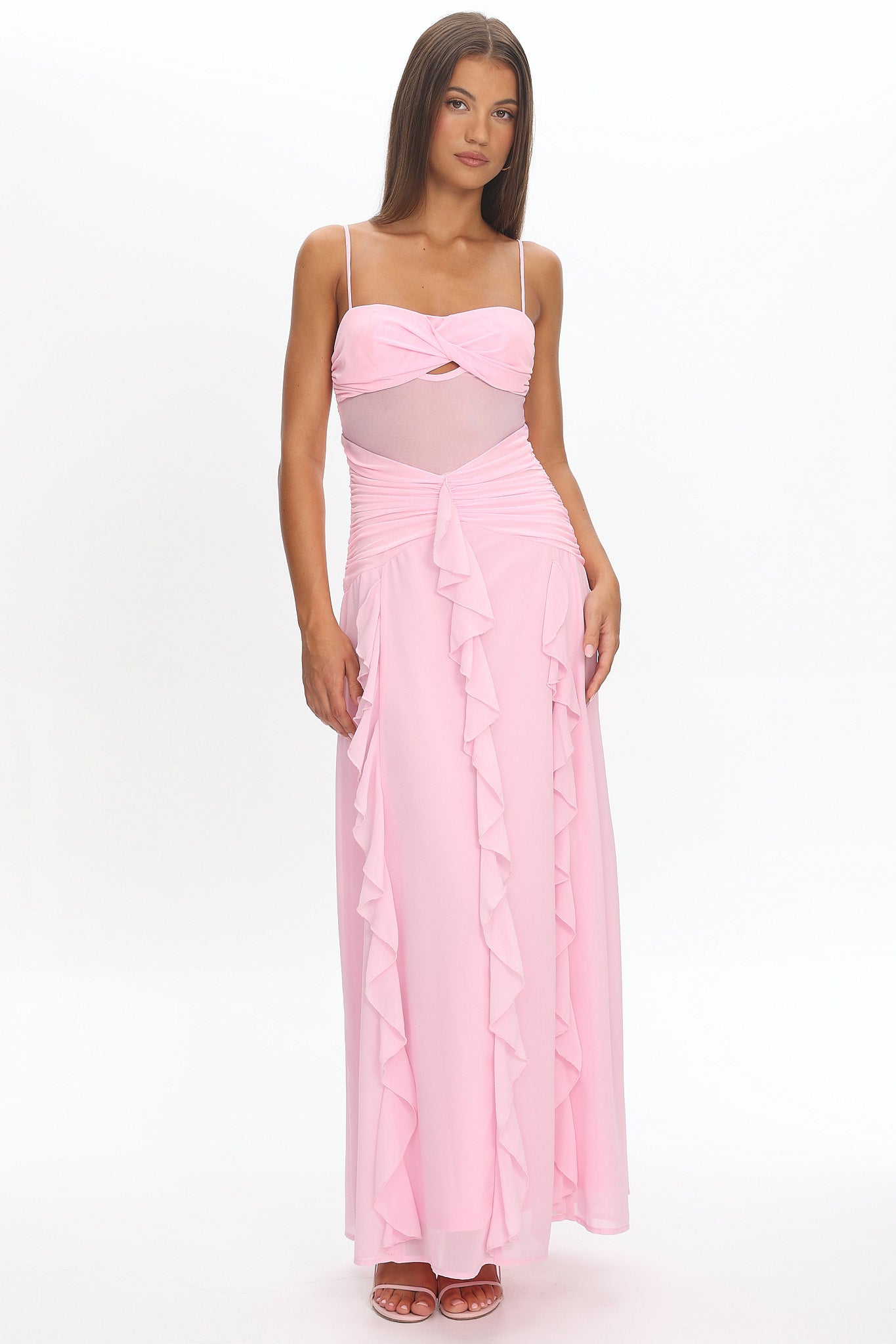 Janella Twist Bust Ruffle Maxi Dress Pink-Maymioy