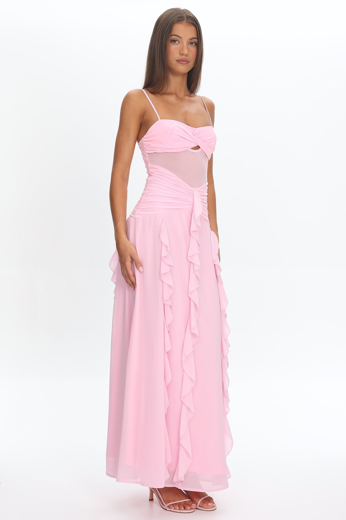 Janella Twist Bust Ruffle Maxi Dress Pink-Maymioy