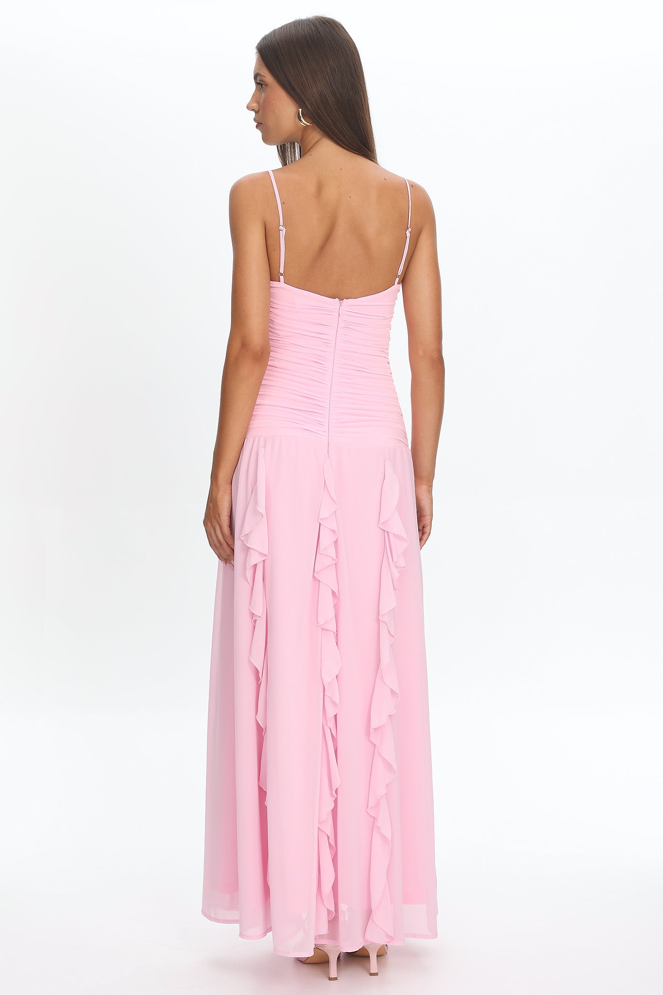 Janella Twist Bust Ruffle Maxi Dress Pink-Maymioy