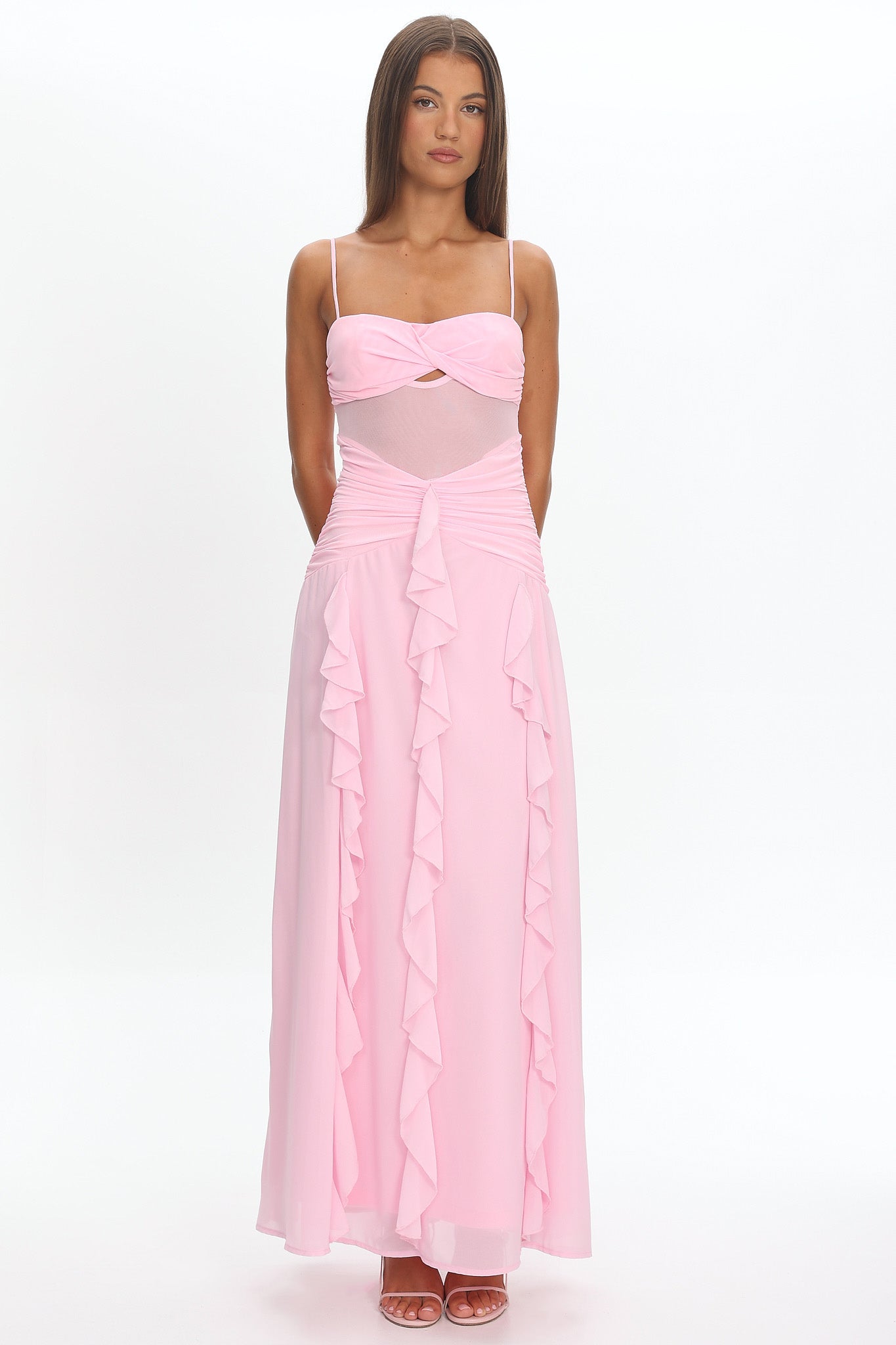 Janella Twist Bust Ruffle Maxi Dress Pink-Maymioy