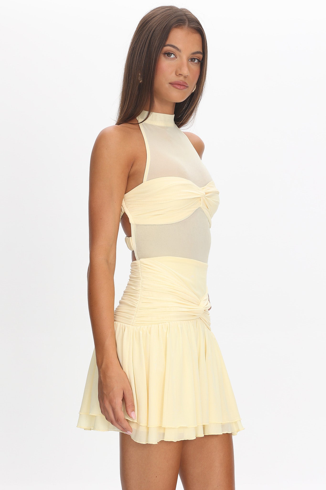 Savina Sheer Bodice Mini Dress Lemon-Maymioy