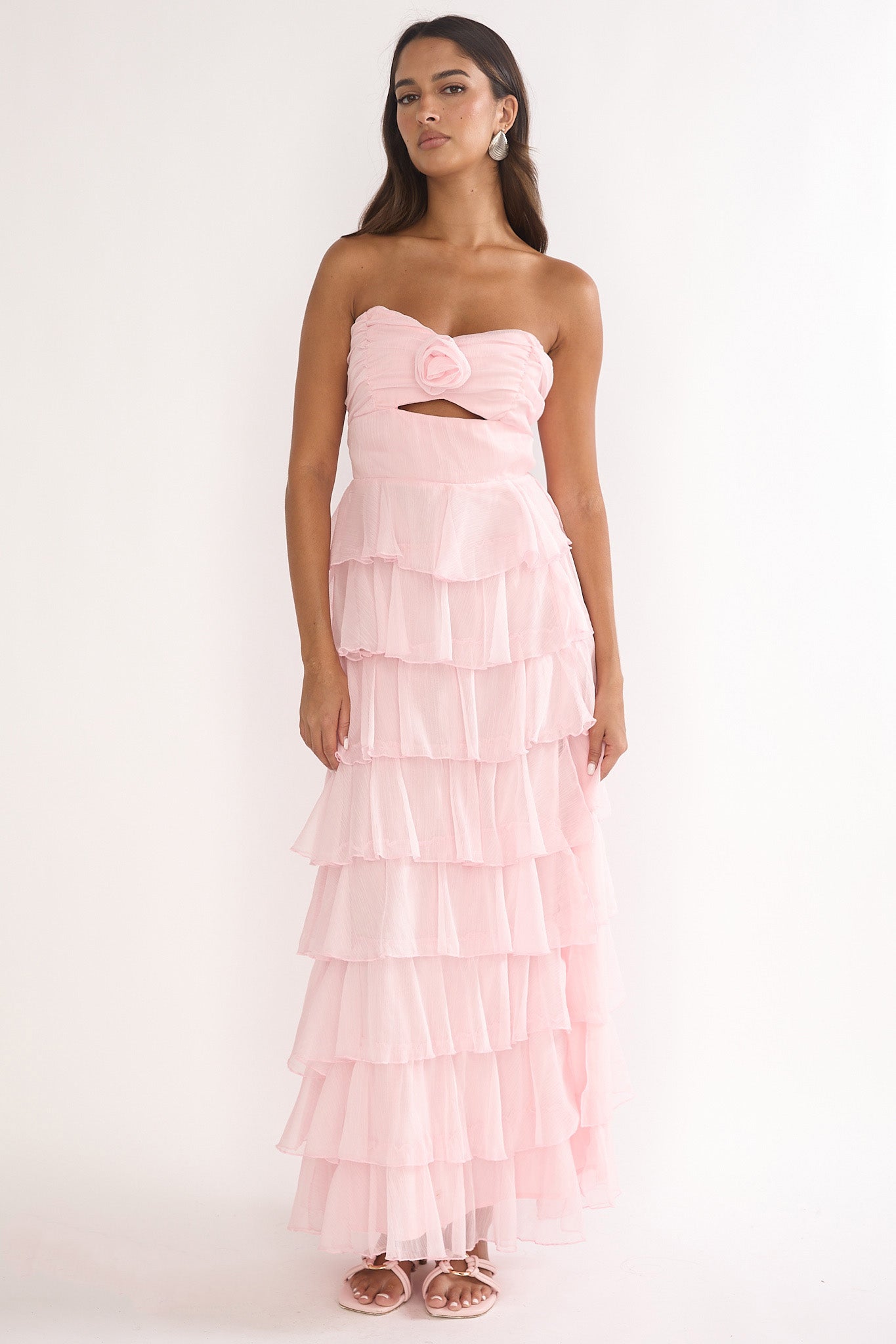 Janelia Layered Frill Maxi Dress Pink-Maymioy