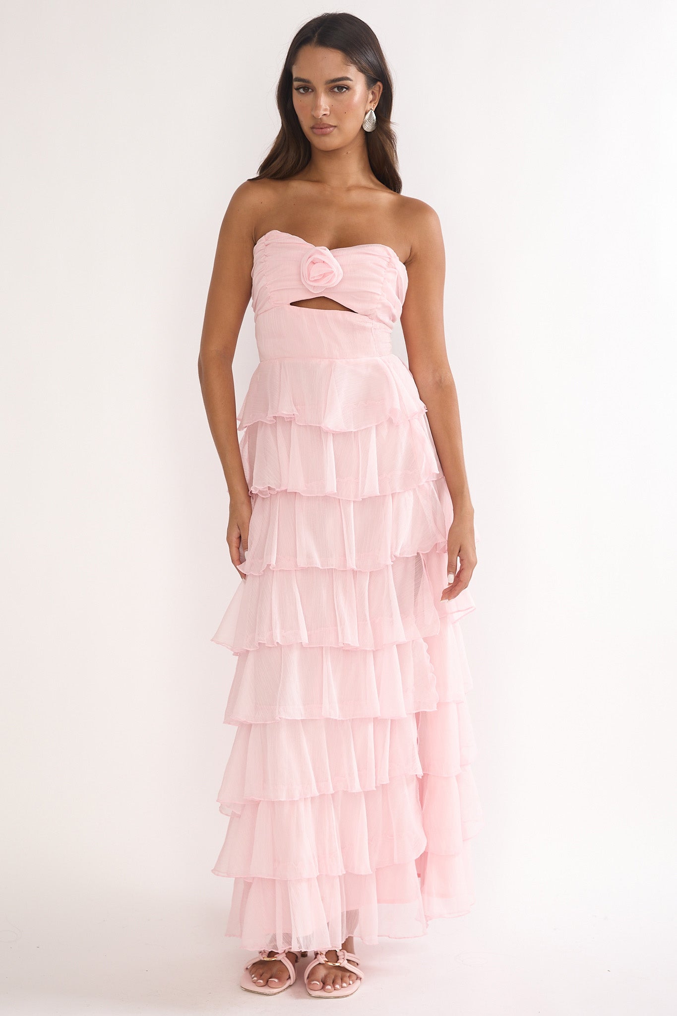 Janelia Layered Frill Maxi Dress Pink-Maymioy