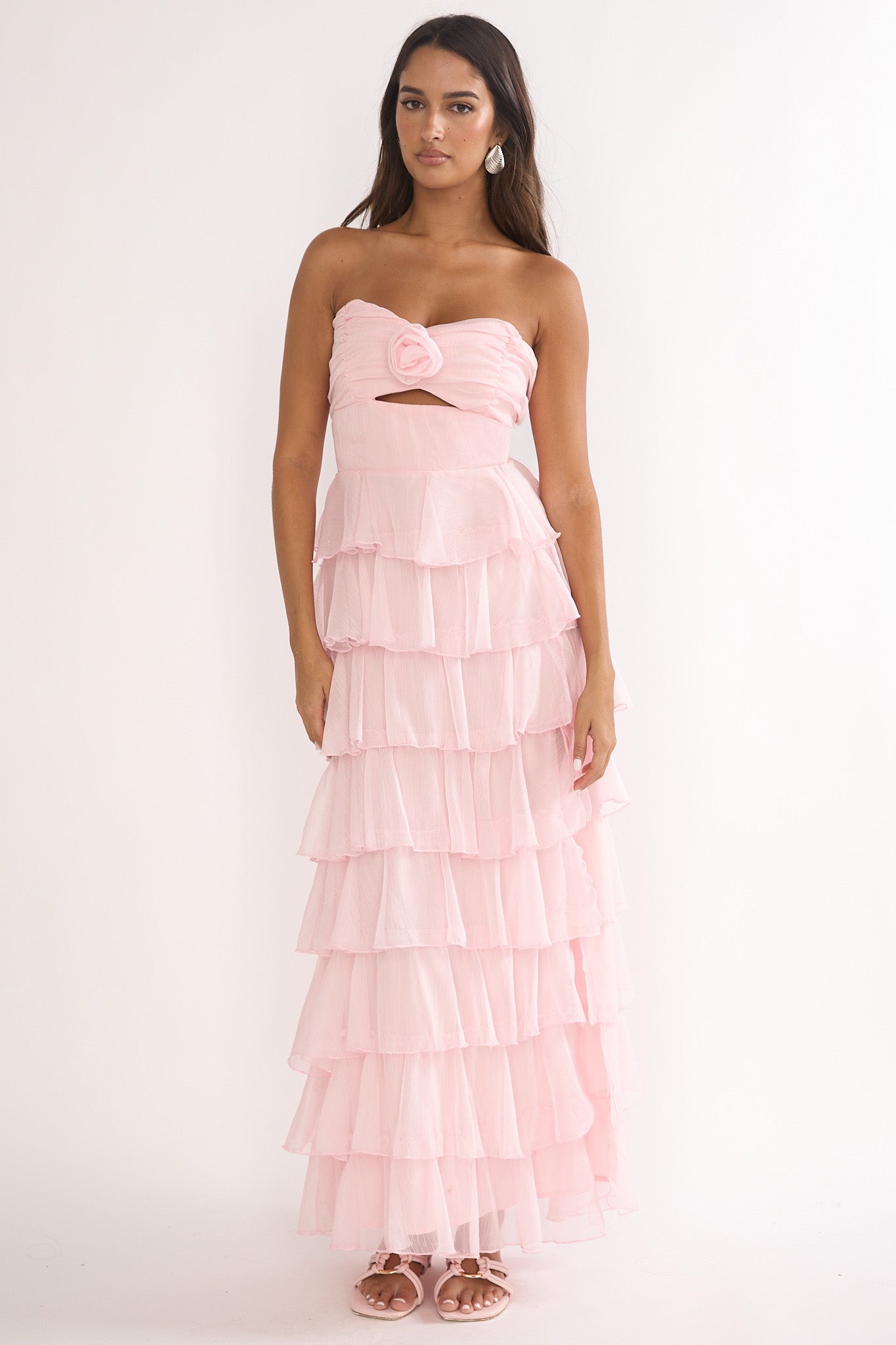 Janelia Layered Frill Maxi Dress Pink-Maymioy