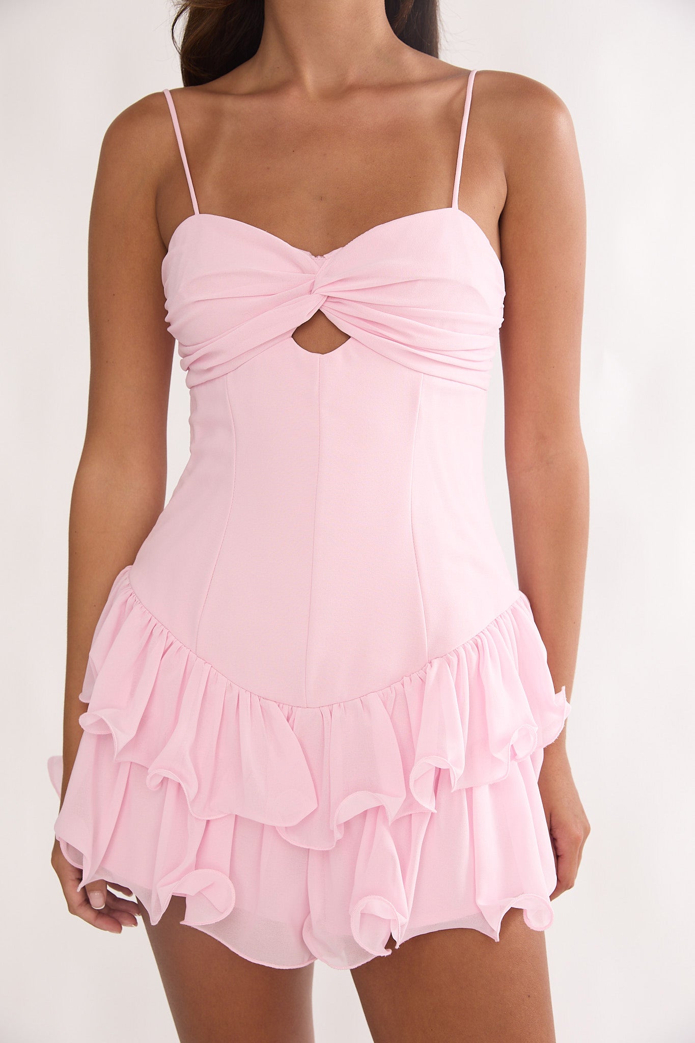 Heartstring Layered Hem Mini Dress Pink-Maymioy