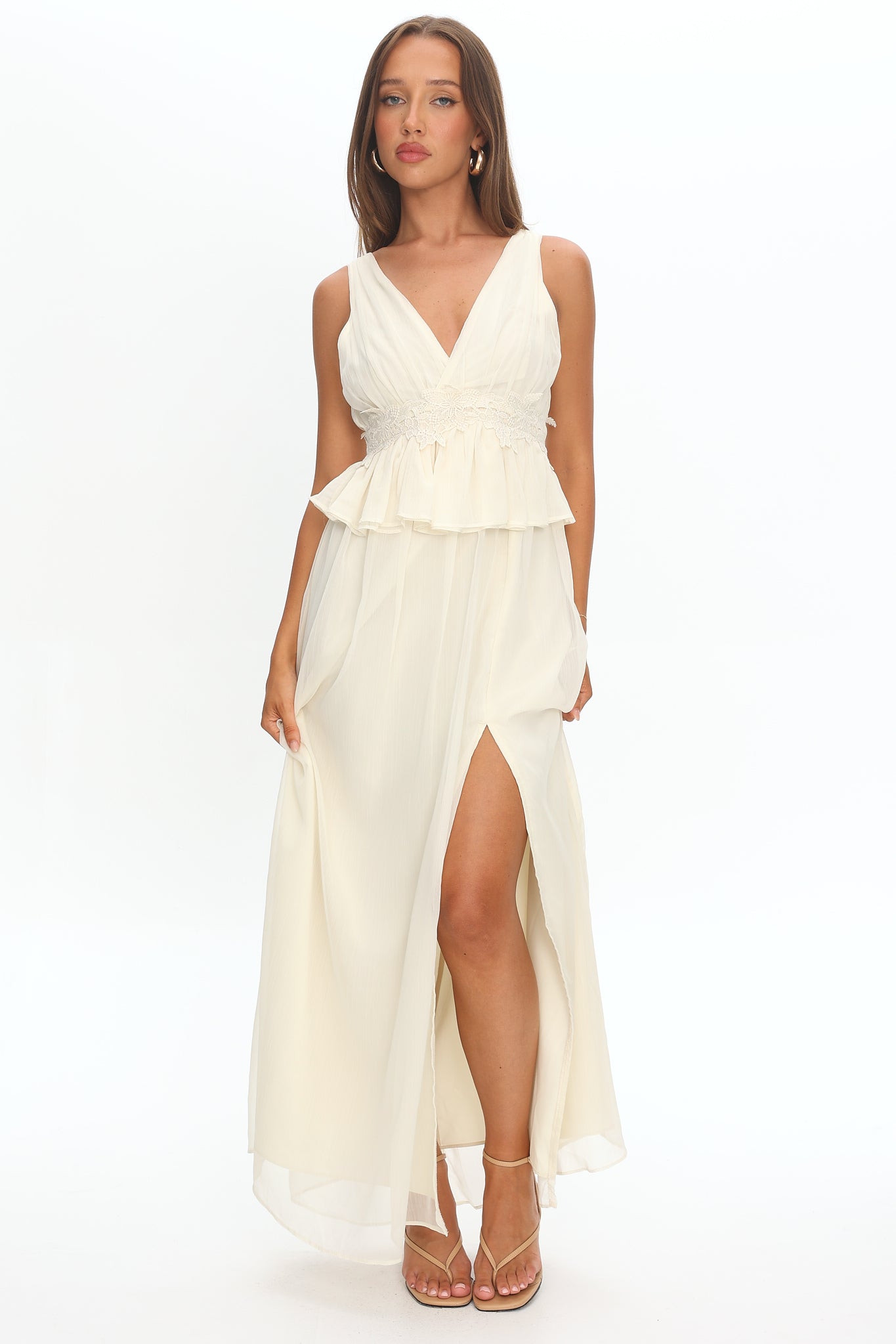 Lusia Peplum Applique Waist Maxi Dress White-Maymioy