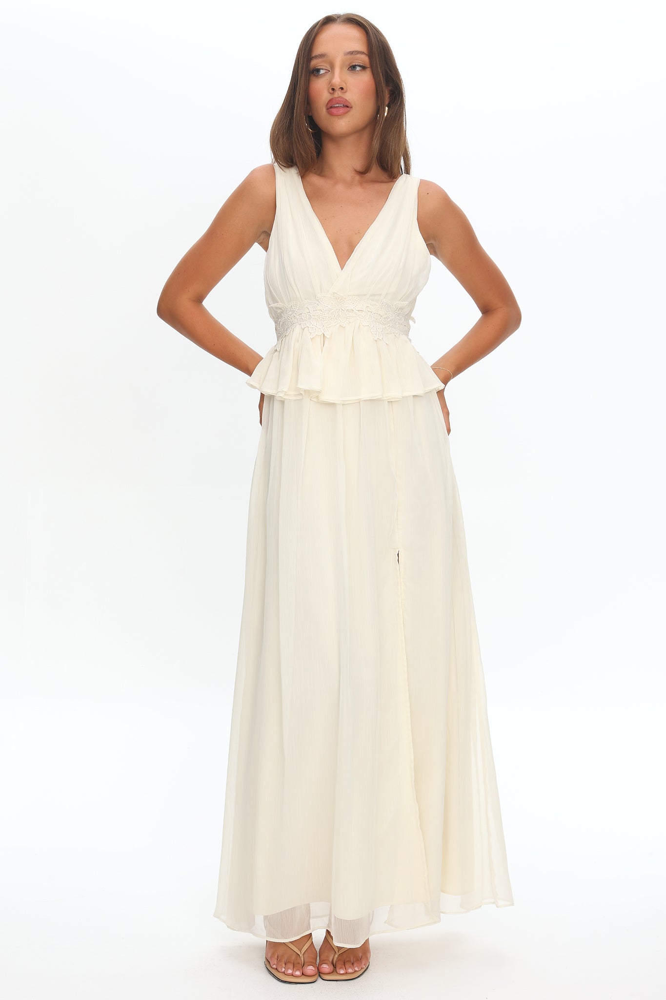Lusia Peplum Applique Waist Maxi Dress White-Maymioy