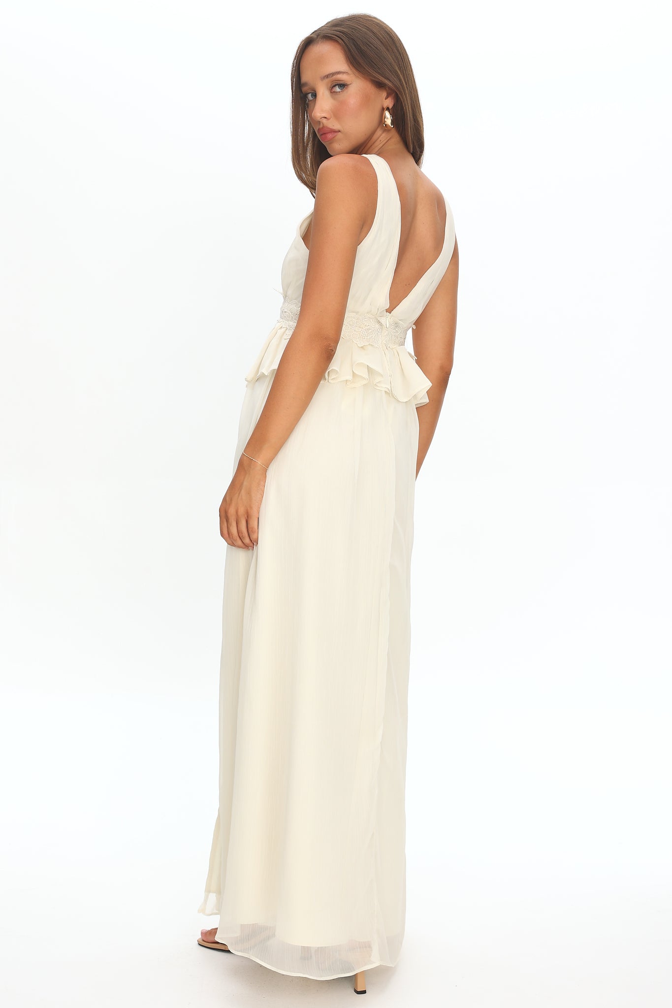 Lusia Peplum Applique Waist Maxi Dress White-Maymioy