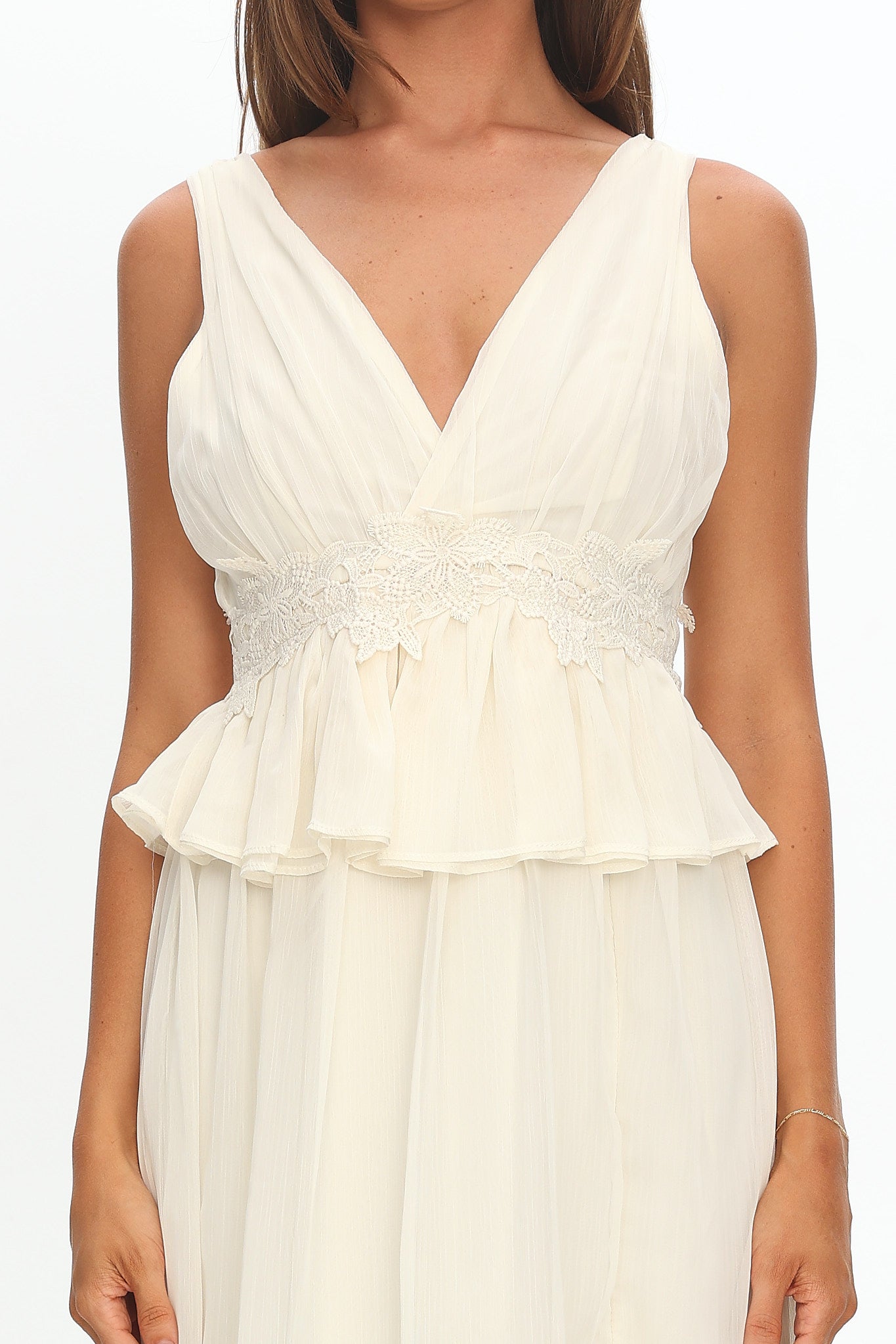 Lusia Peplum Applique Waist Maxi Dress White-Maymioy