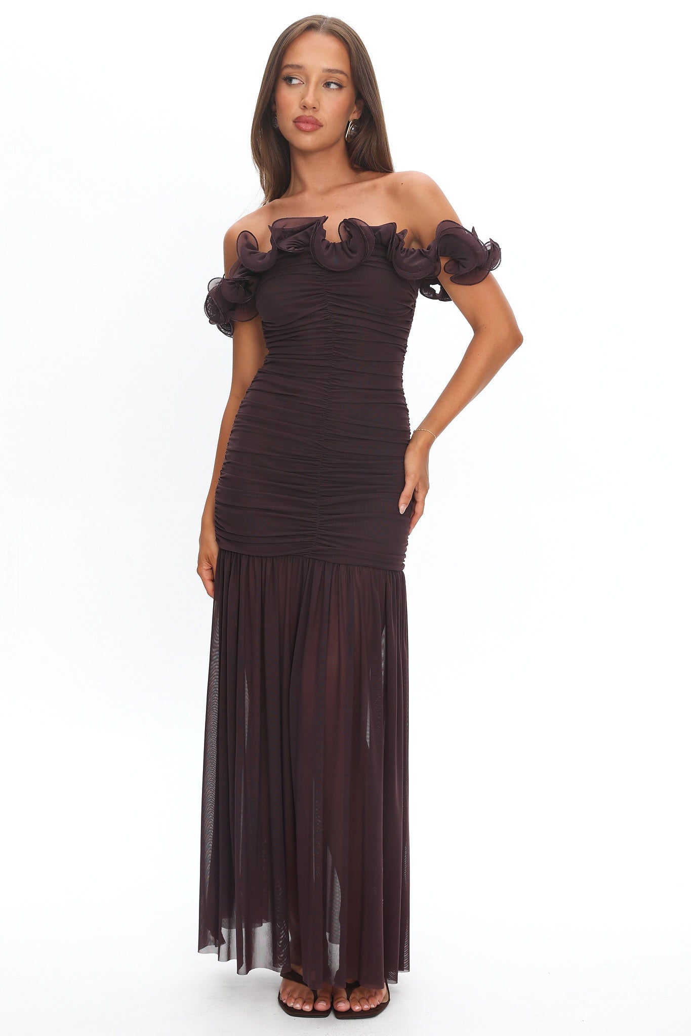 Bluebell Off-Shoulder Ruched Maxi Dress Chocolate-Maymioy