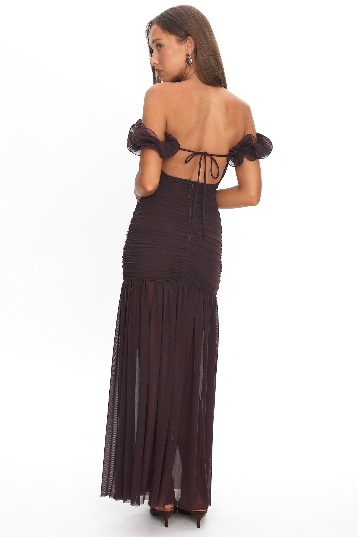 Bluebell Off-Shoulder Ruched Maxi Dress Chocolate-Maymioy