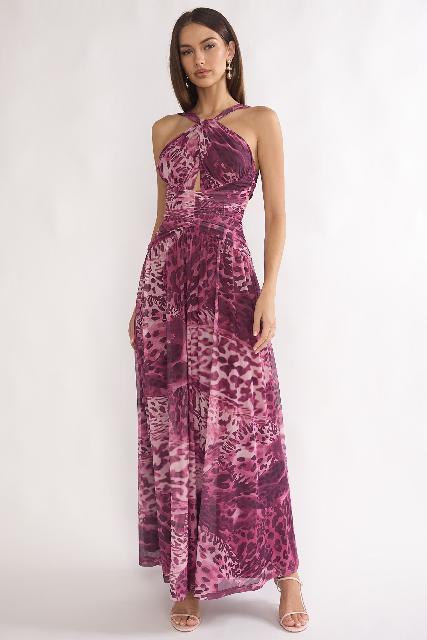 Pirelle Cut-Out Back Maxi Dress Leopard Purple-Maymioy