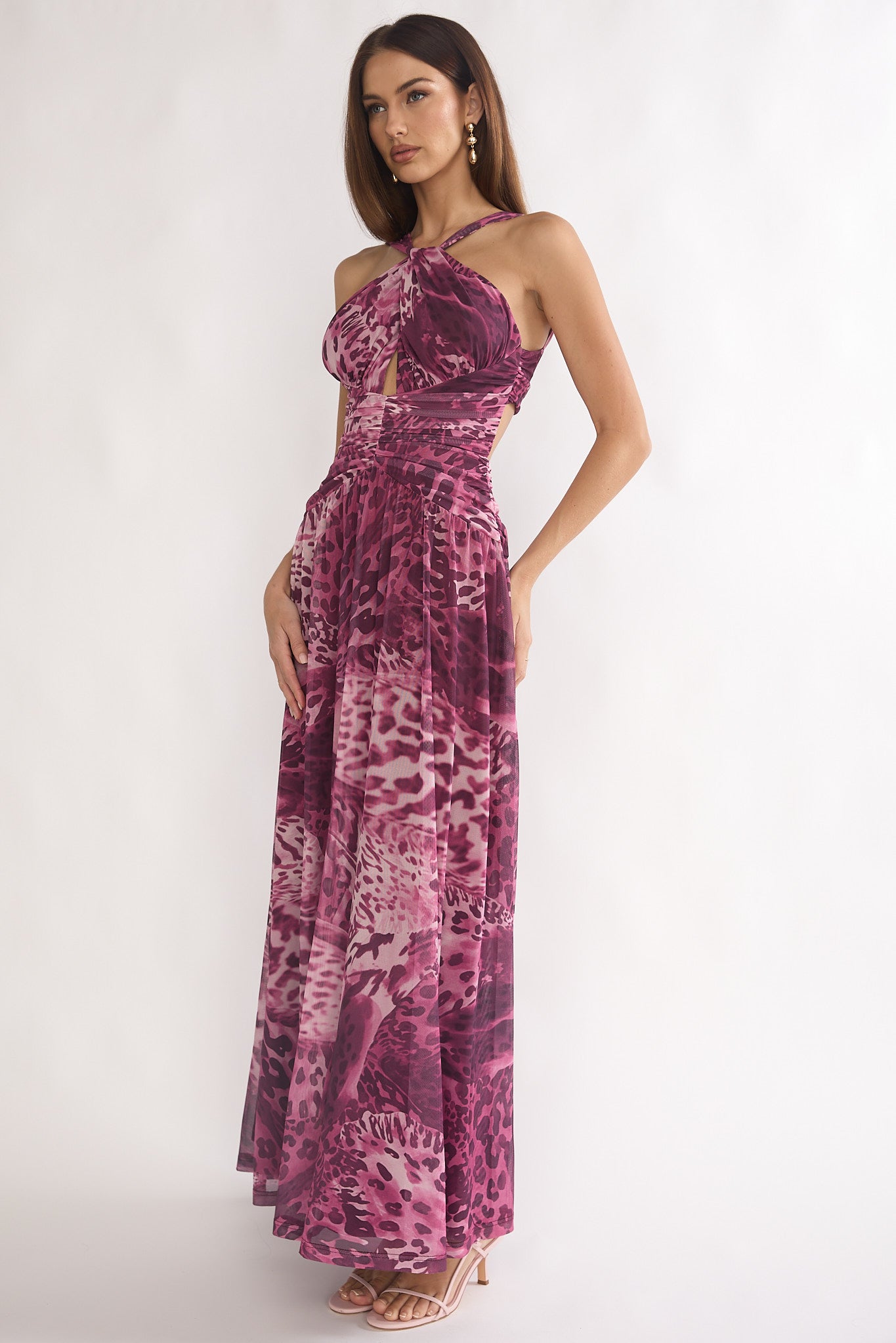 Pirelle Cut-Out Back Maxi Dress Leopard Purple-Maymioy