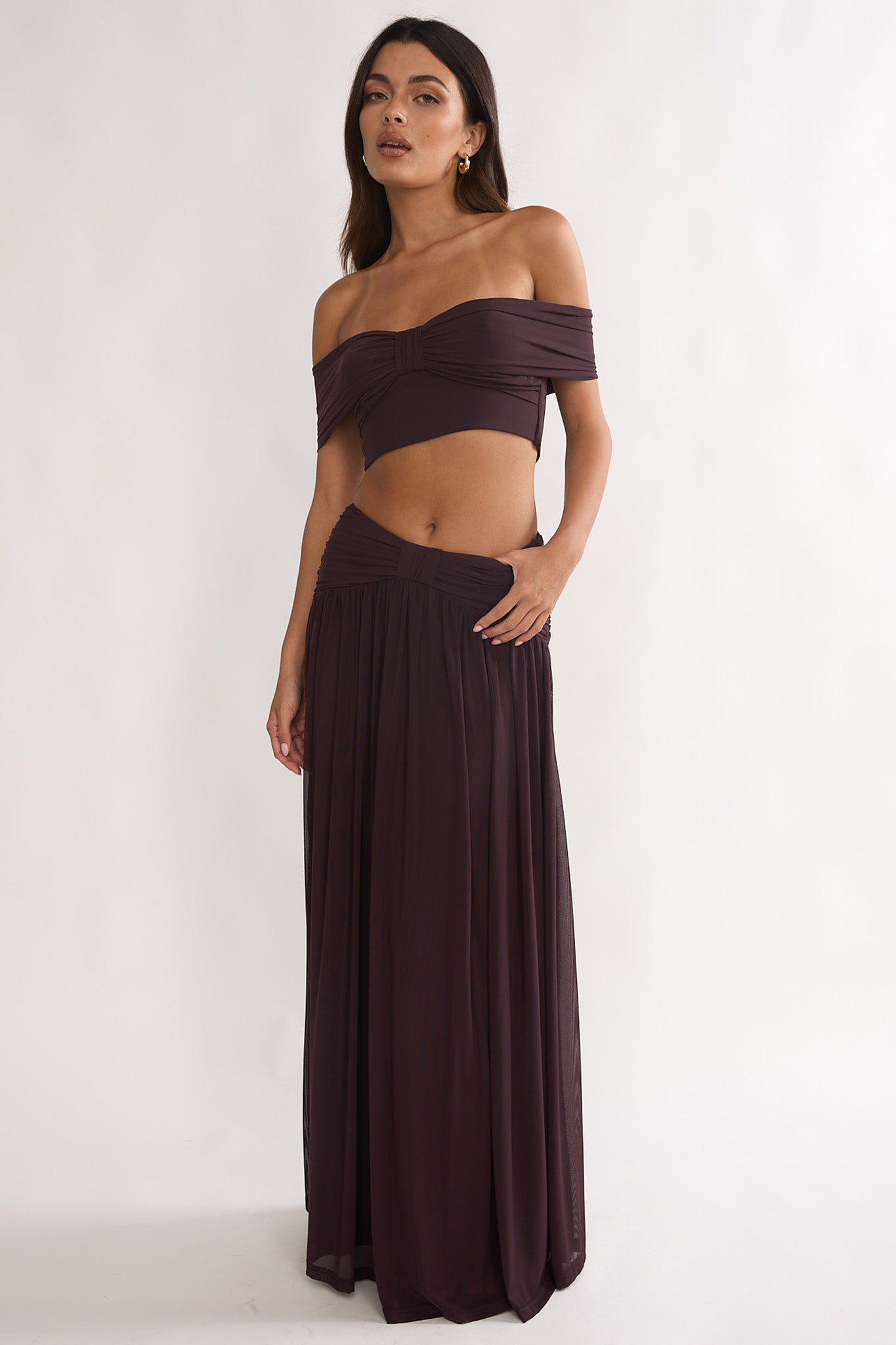 Farela Ruched Waist Maxi Skirt Coffee-Maymioy