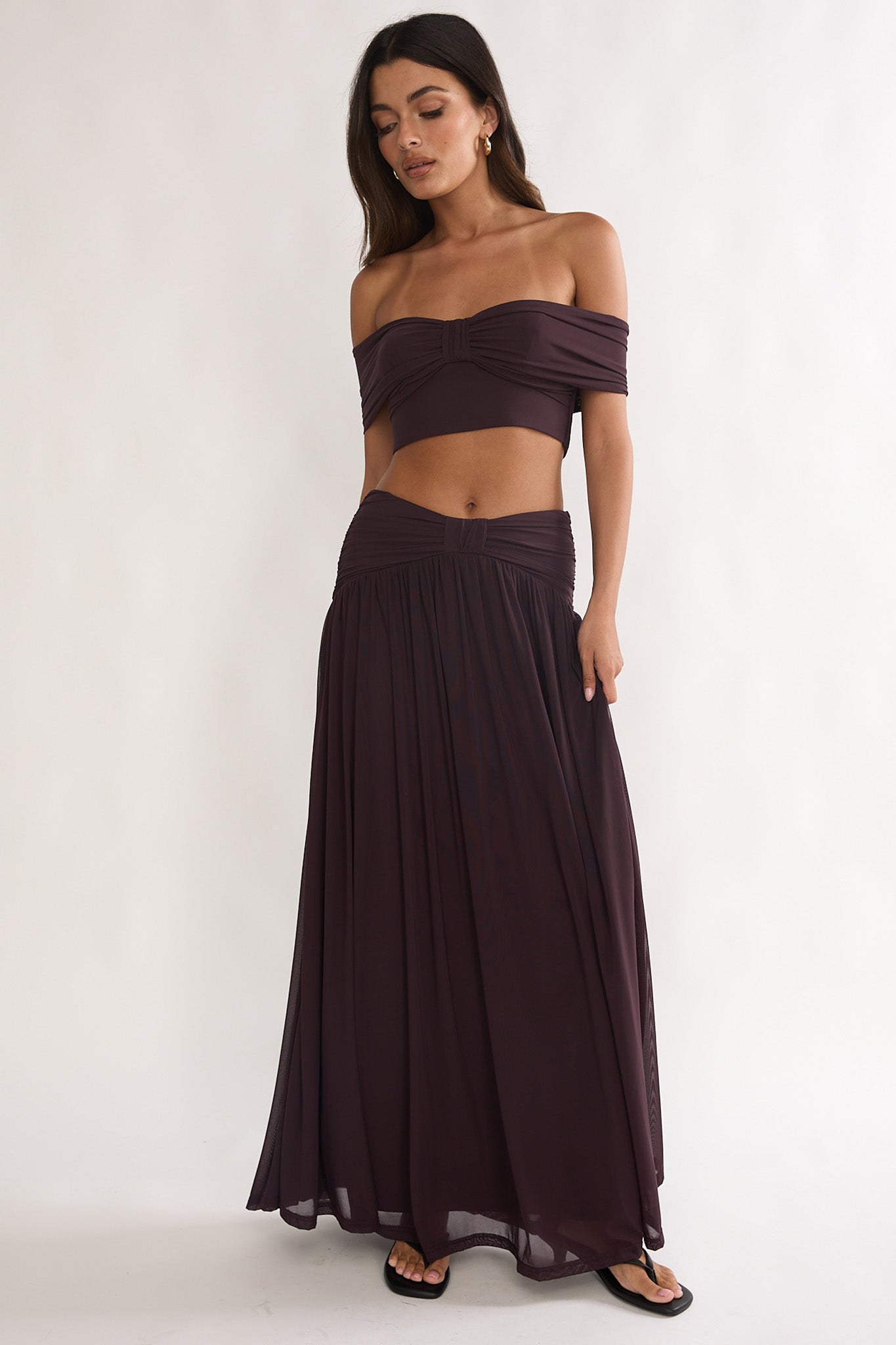 Farela Ruched Waist Maxi Skirt Coffee-Maymioy