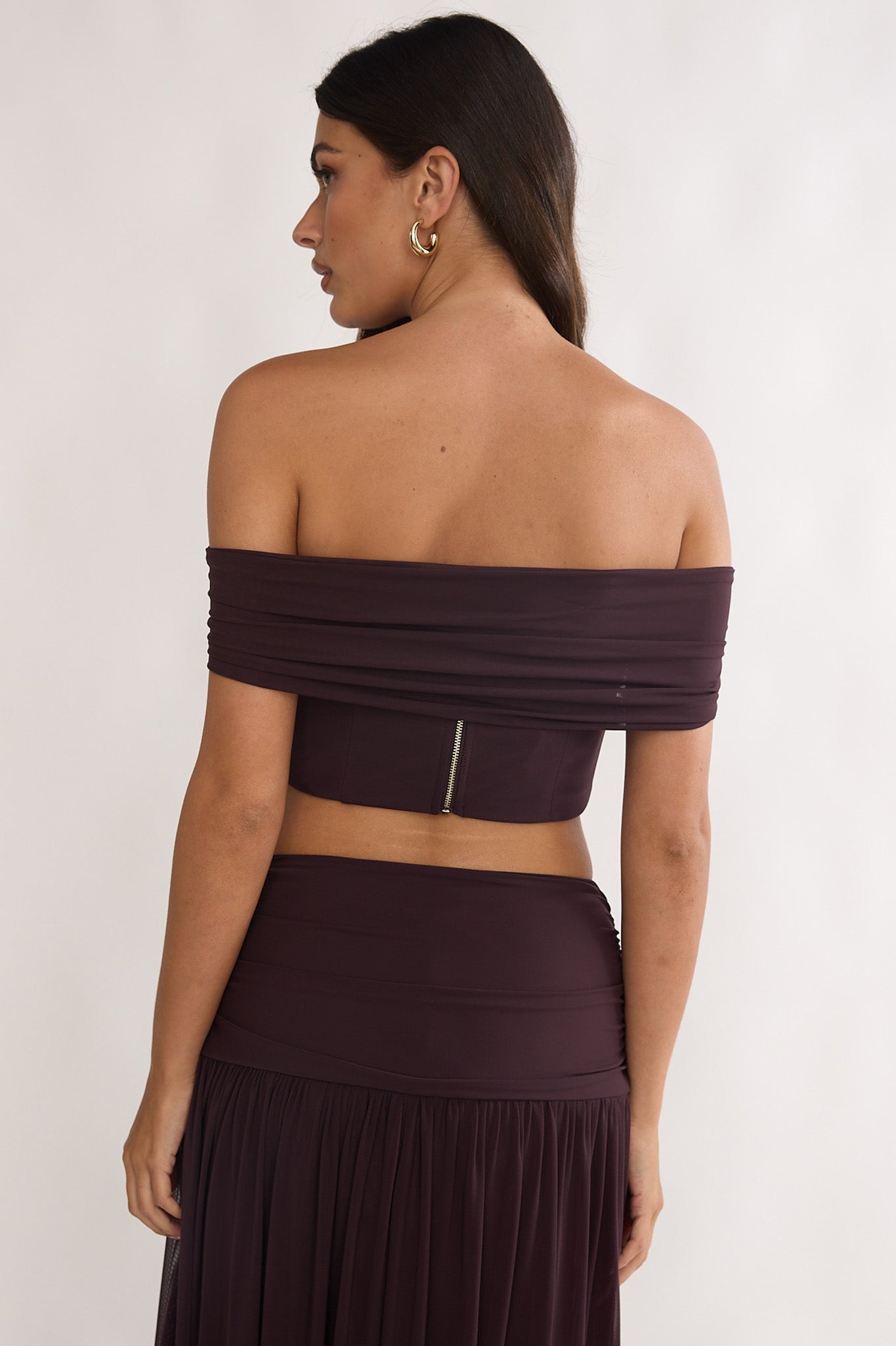 Farela Off-Shoulder Crop Top Coffee-Maymioy