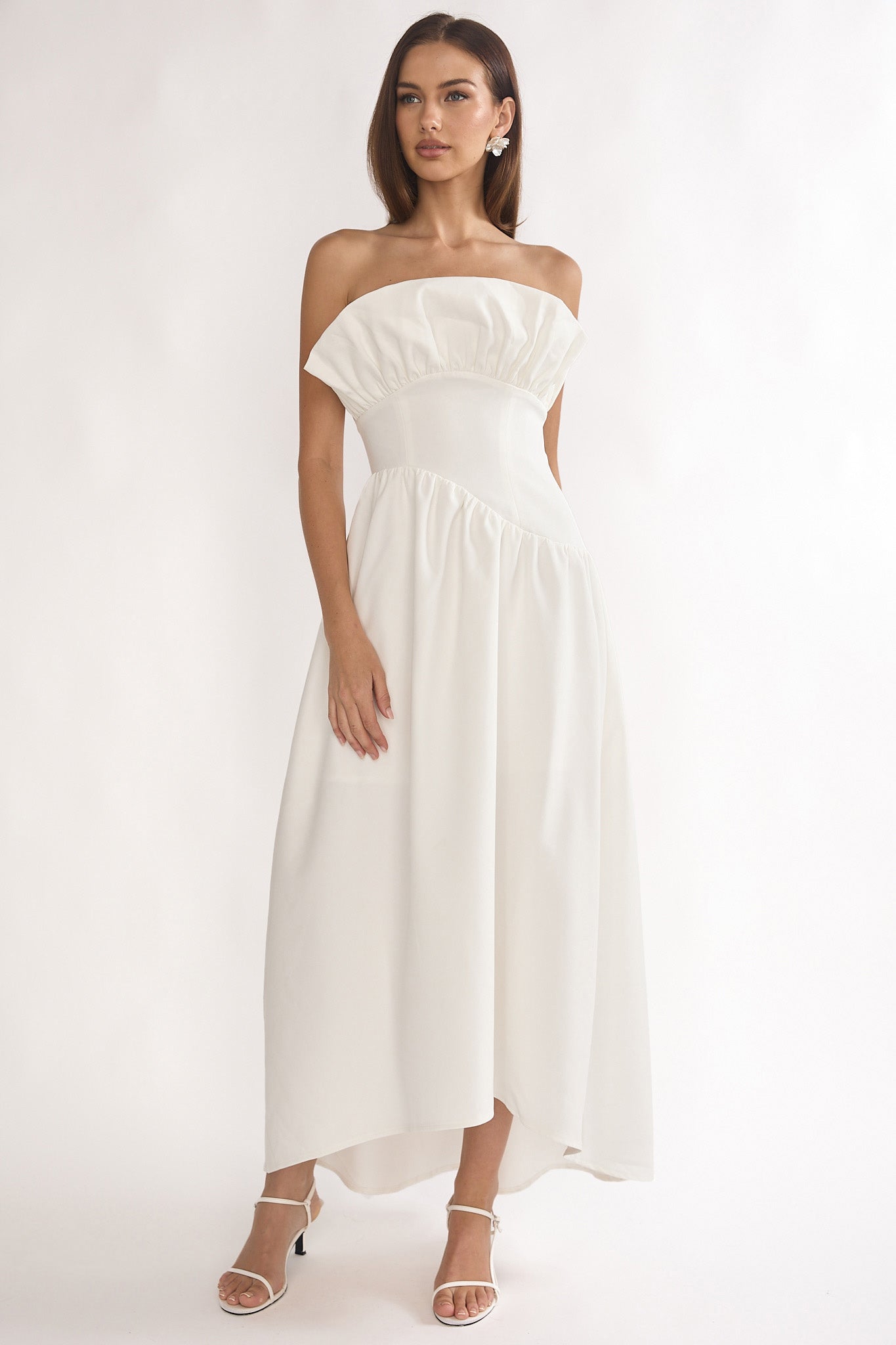 Ilianah Frill Bust Asymmetric Hem Maxi Dress Off White-Maymioy