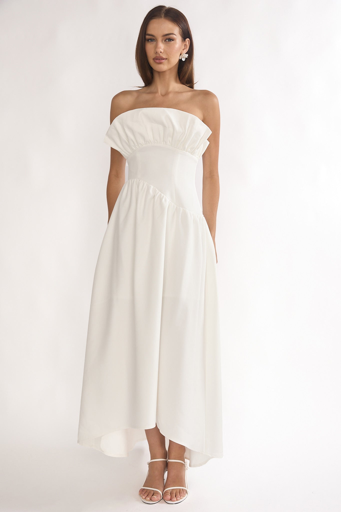 Ilianah Frill Bust Asymmetric Hem Maxi Dress Off White-Maymioy