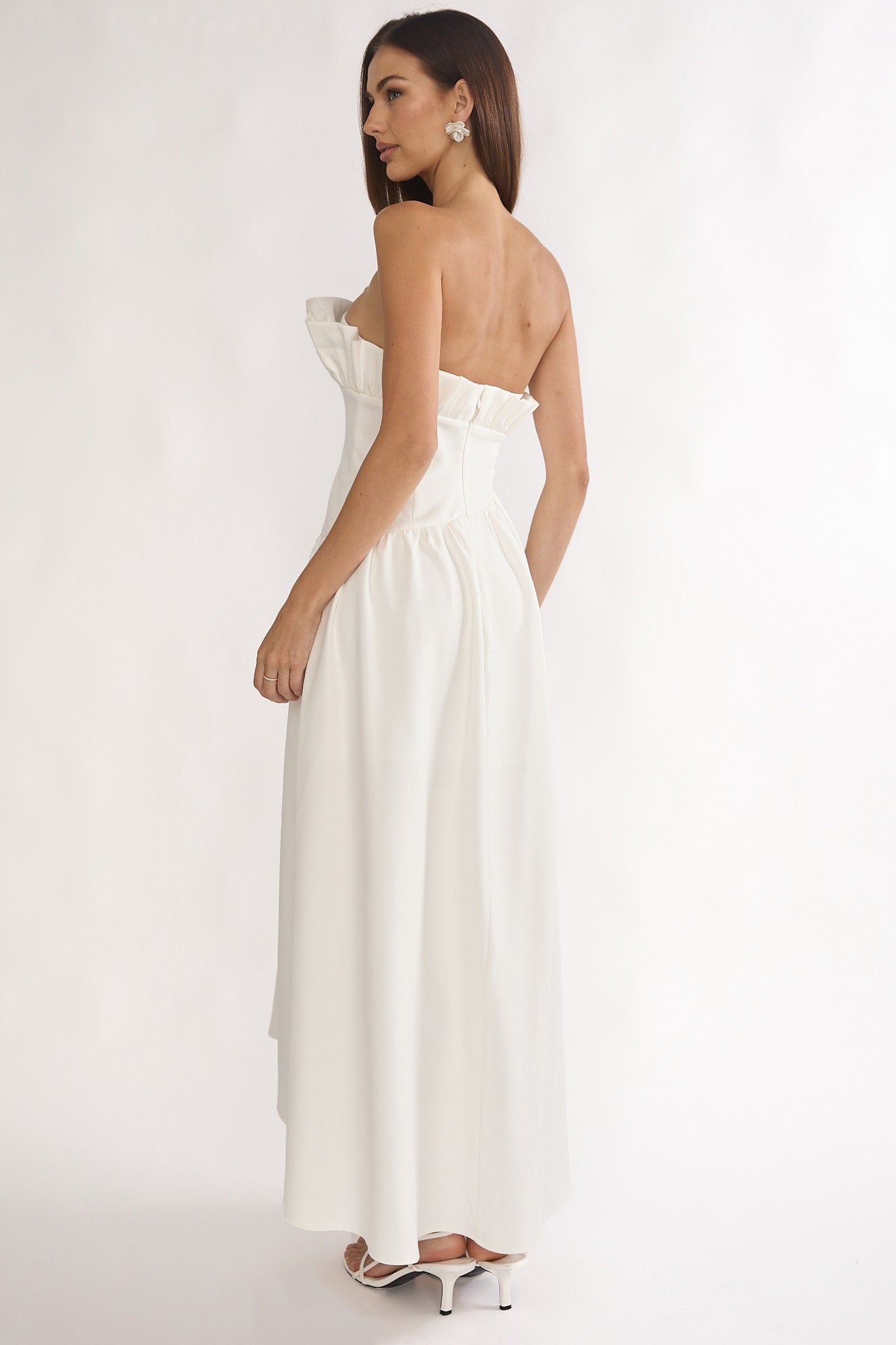 Ilianah Frill Bust Asymmetric Hem Maxi Dress Off White-Maymioy