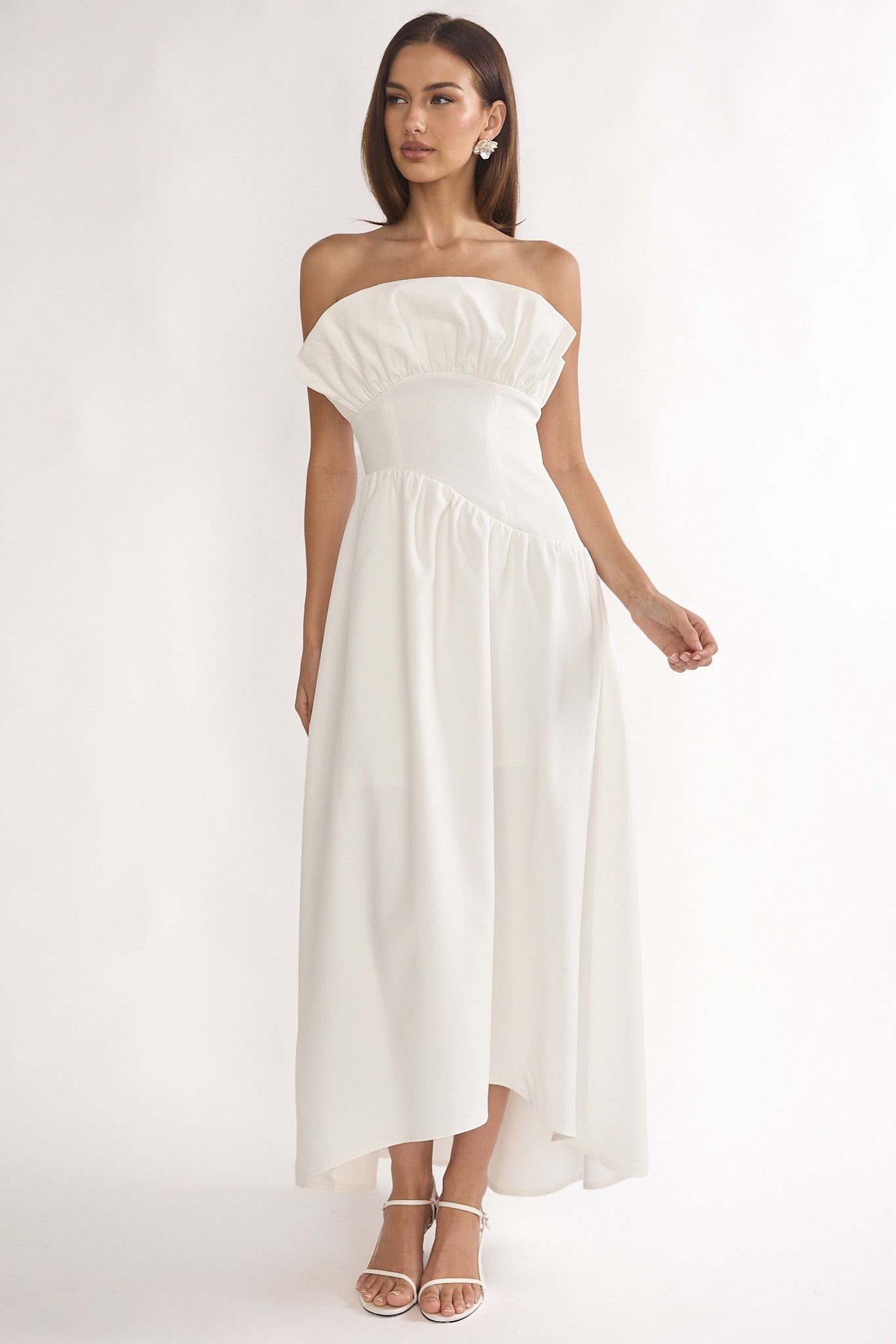 Ilianah Frill Bust Asymmetric Hem Maxi Dress Off White-Maymioy