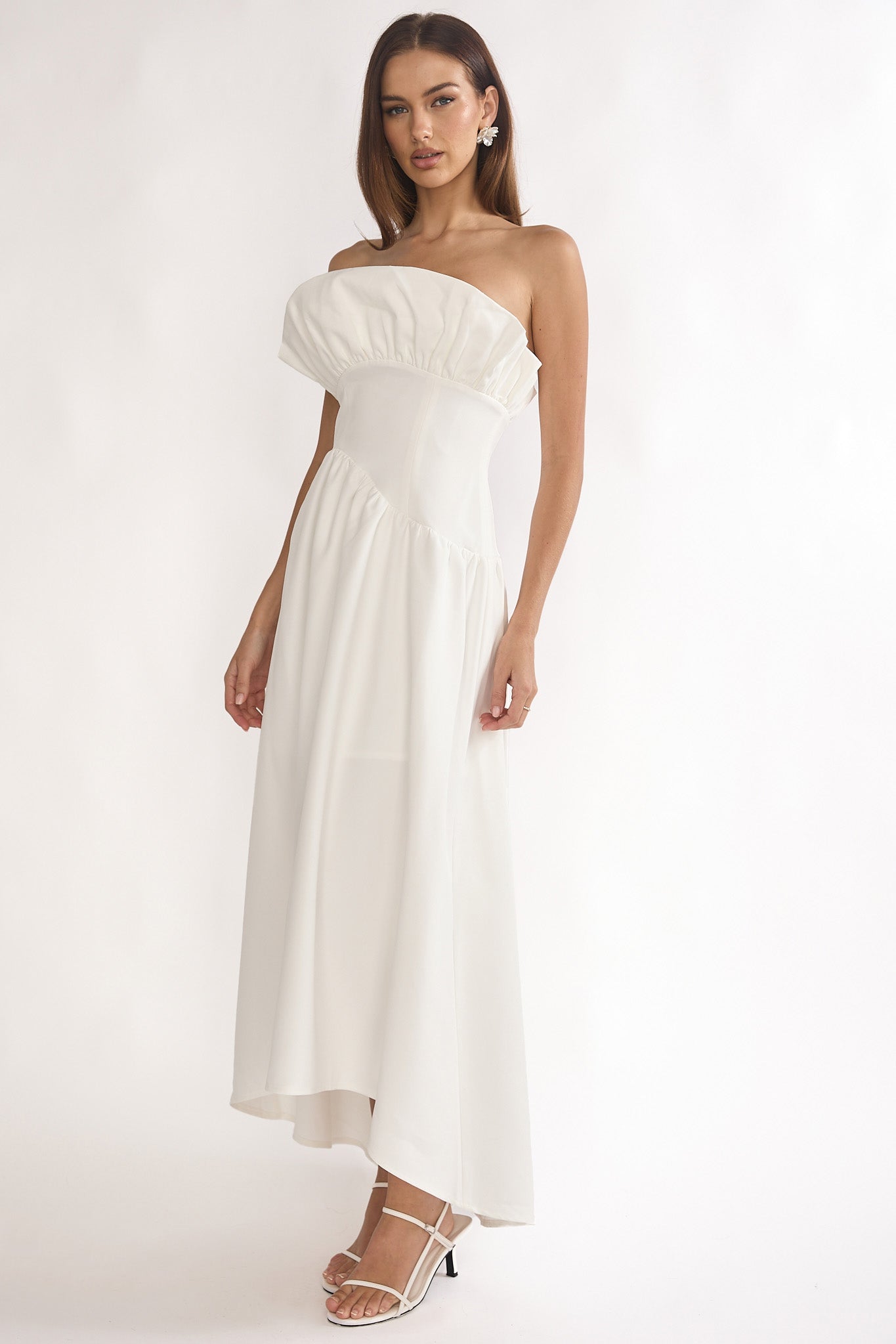Ilianah Frill Bust Asymmetric Hem Maxi Dress Off White-Maymioy