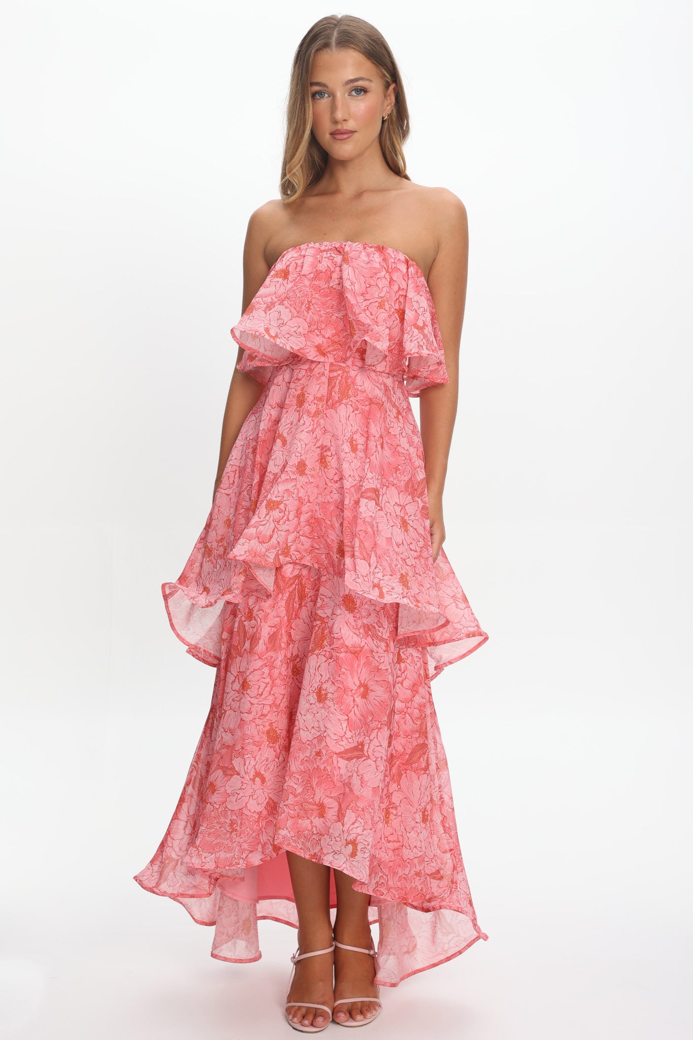 Honfleur Strapless Layered Maxi Dress Print Pink-Maymioy