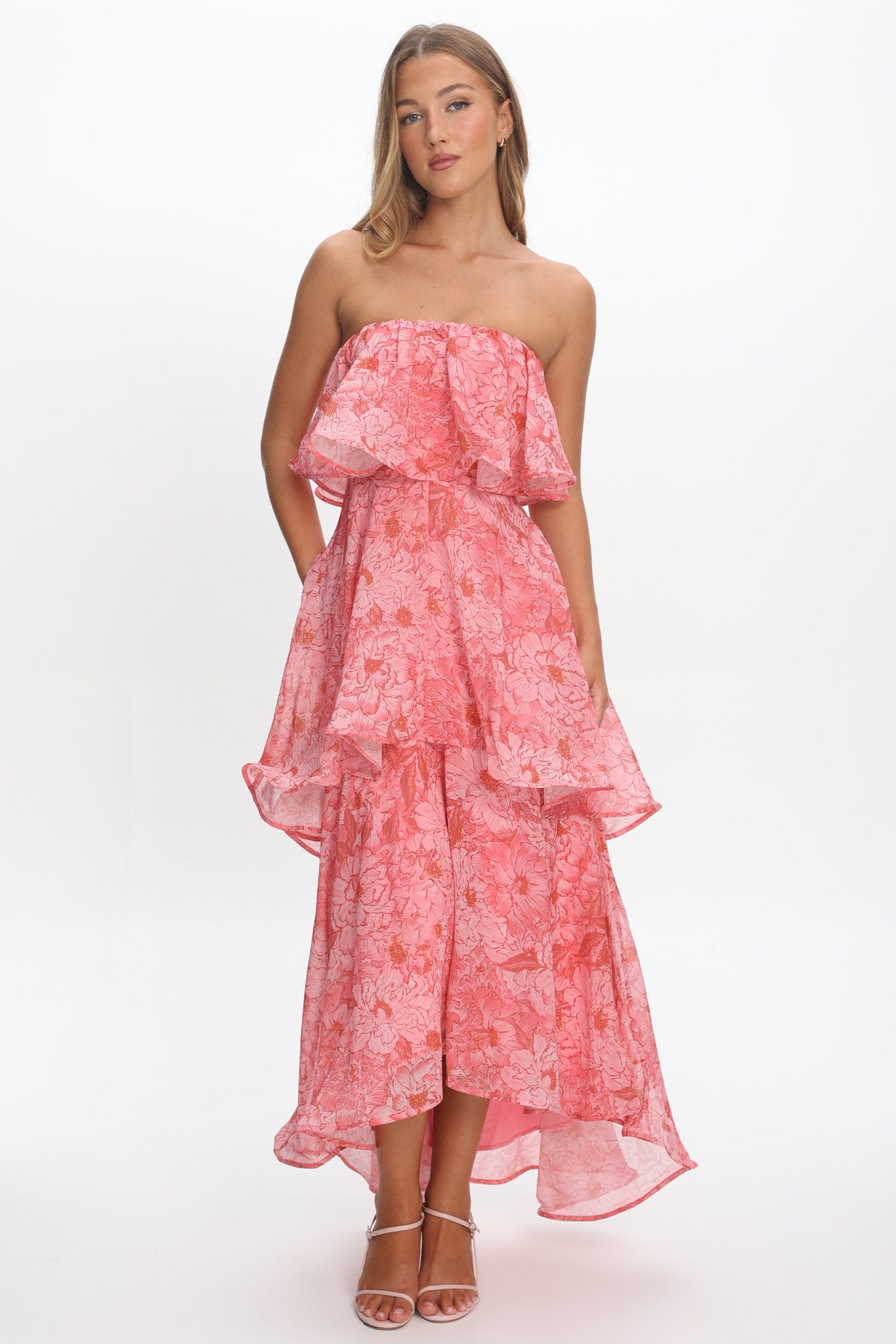 Honfleur Strapless Layered Maxi Dress Print Pink-Maymioy