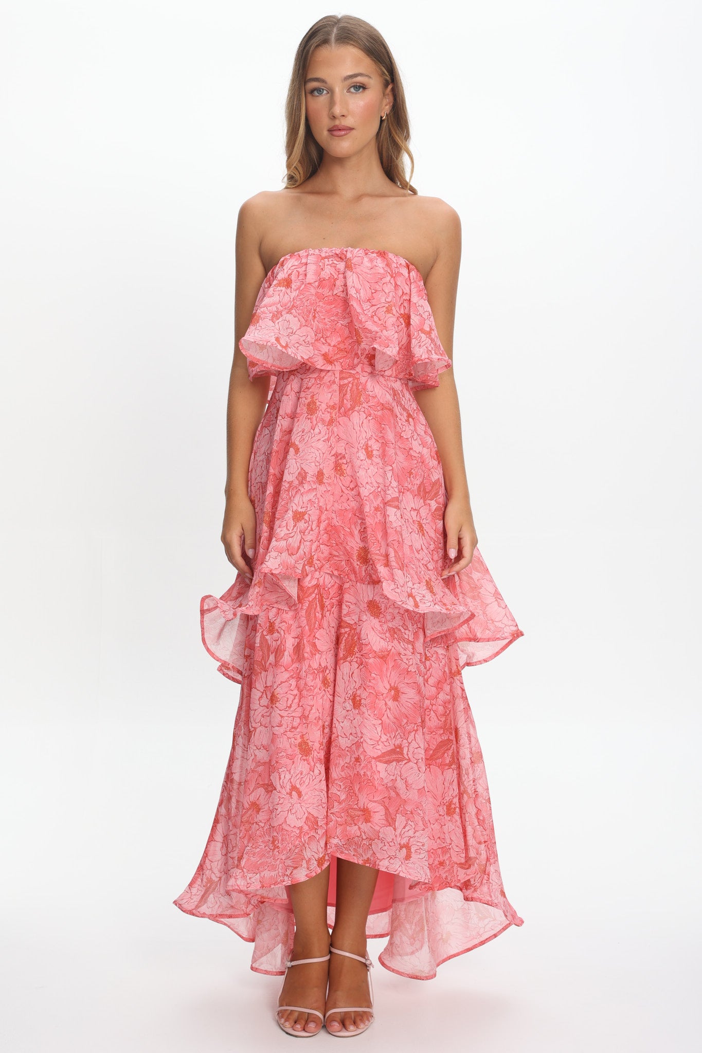 Honfleur Strapless Layered Maxi Dress Print Pink-Maymioy