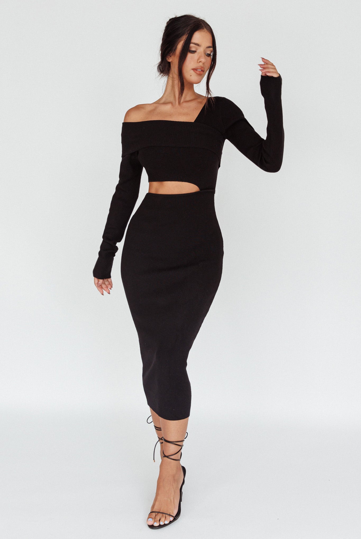 Tamar Long Sleeve One-Shoulder Midi Dress Black-Maymioy