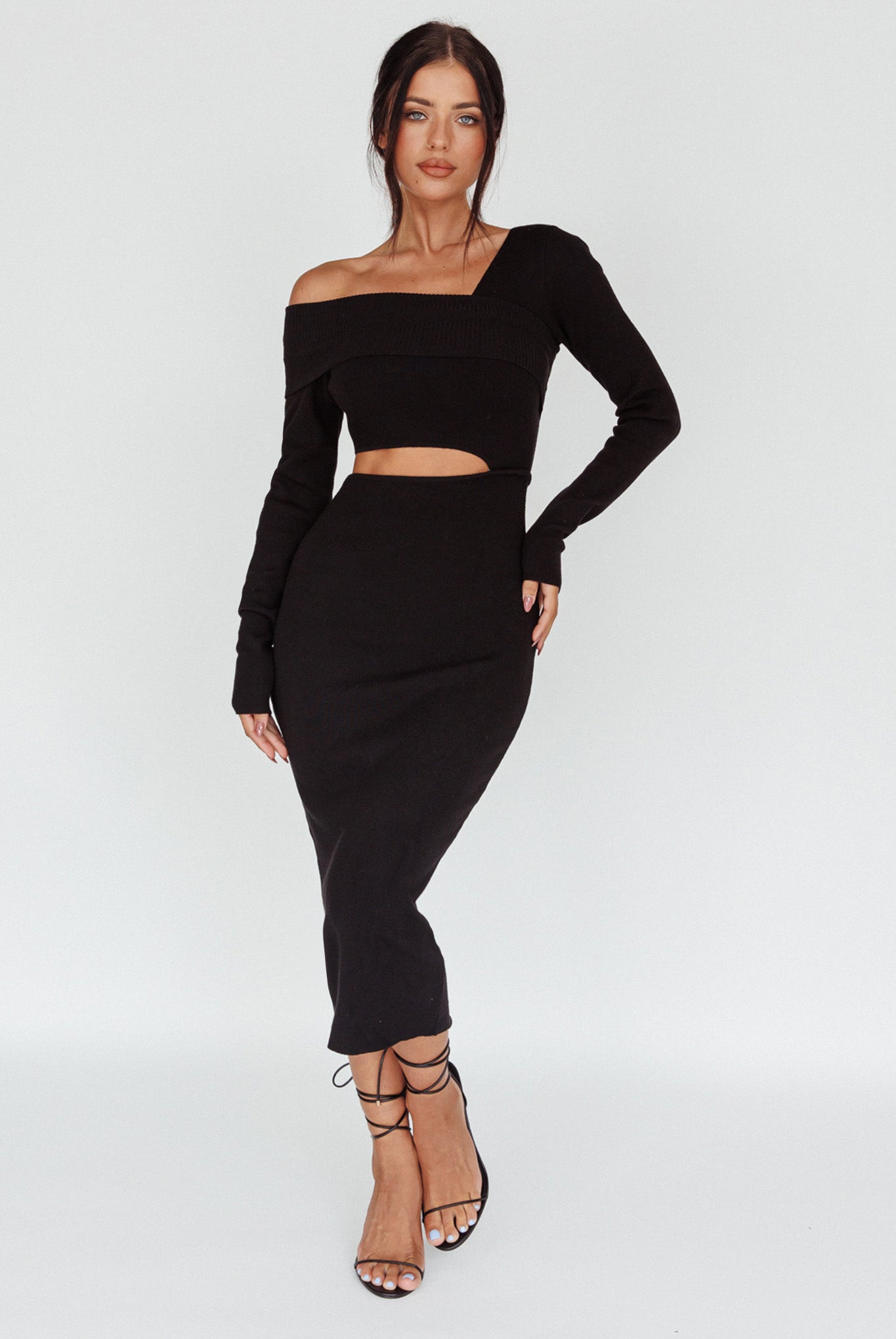 Tamar Long Sleeve One-Shoulder Midi Dress Black-Maymioy