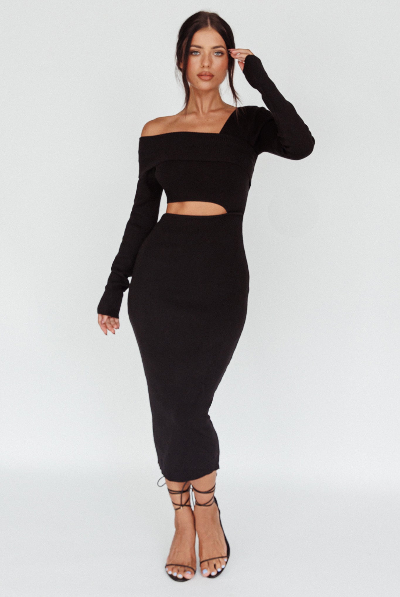 Tamar Long Sleeve One-Shoulder Midi Dress Black-Maymioy