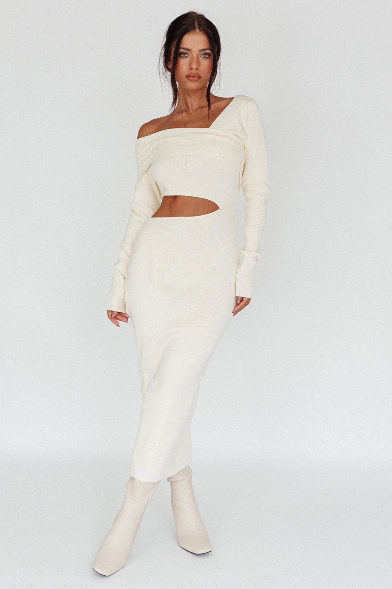 Tamar Long Sleeve One-Shoulder Midi Dress Cream-Maymioy