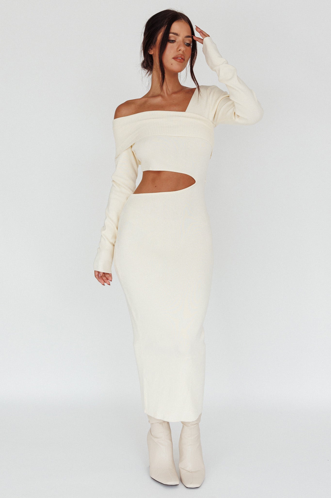 Tamar Long Sleeve One-Shoulder Midi Dress Cream-Maymioy
