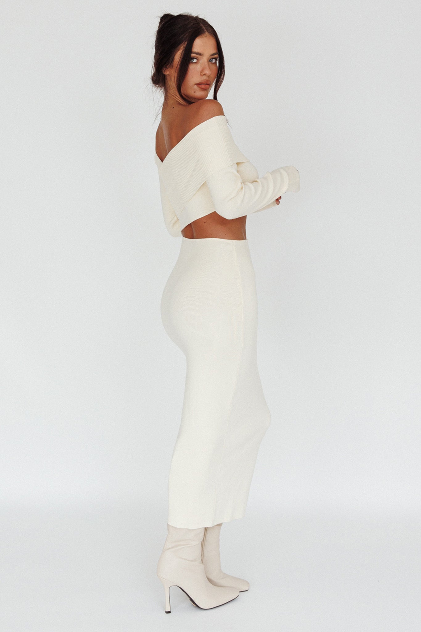 Tamar Long Sleeve One-Shoulder Midi Dress Cream-Maymioy