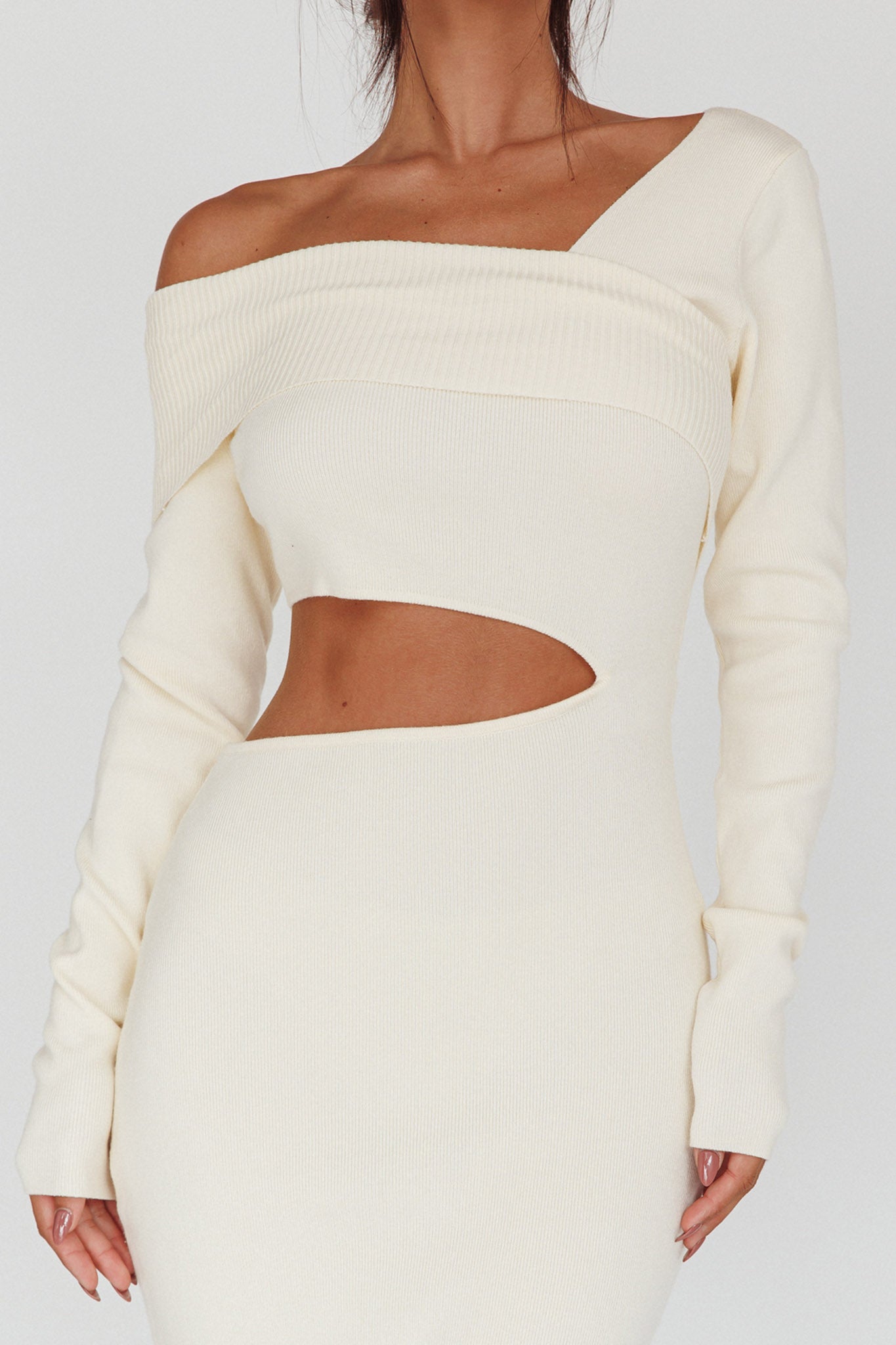 Tamar Long Sleeve One-Shoulder Midi Dress Cream-Maymioy