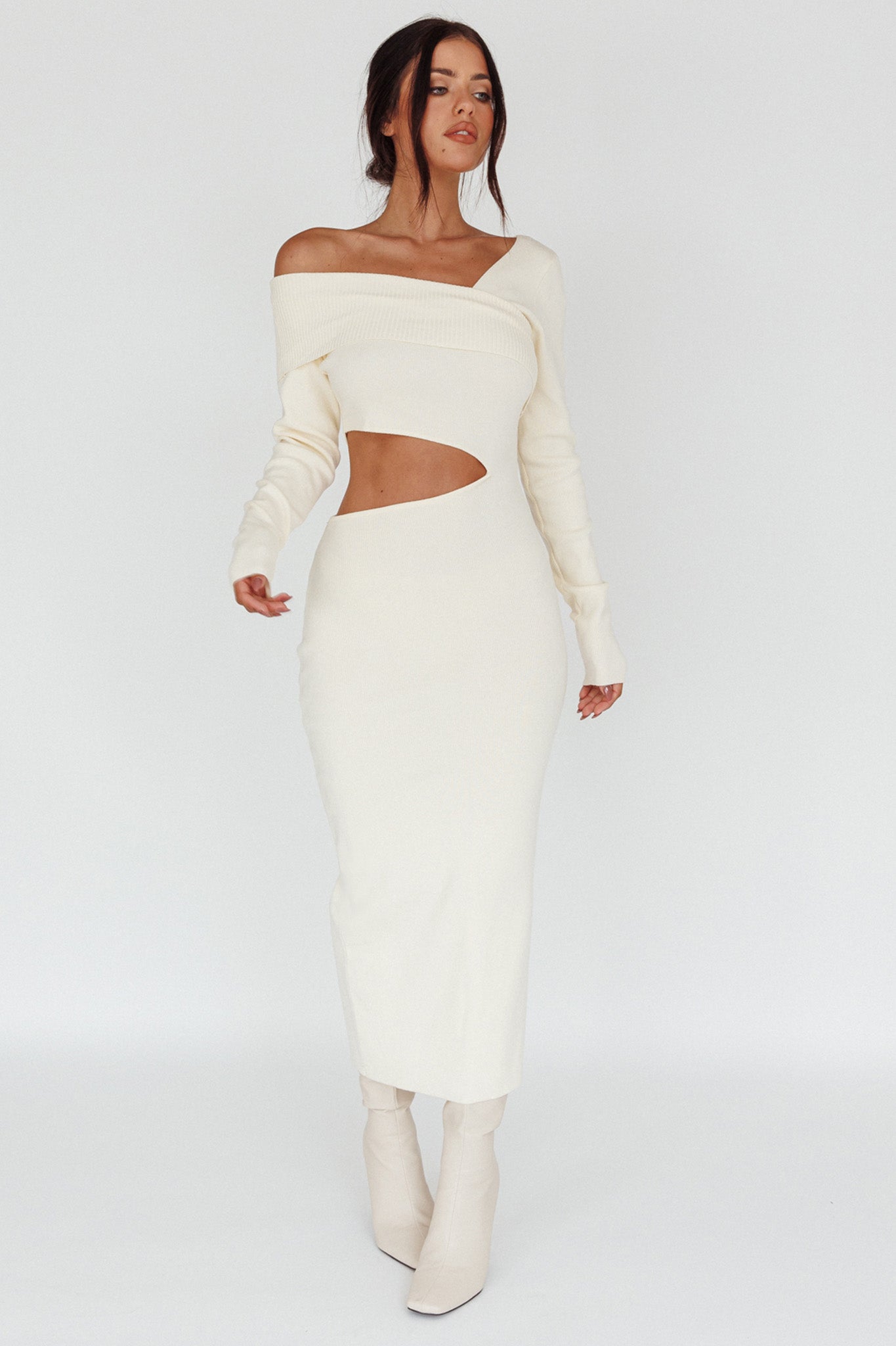 Tamar Long Sleeve One-Shoulder Midi Dress Cream-Maymioy