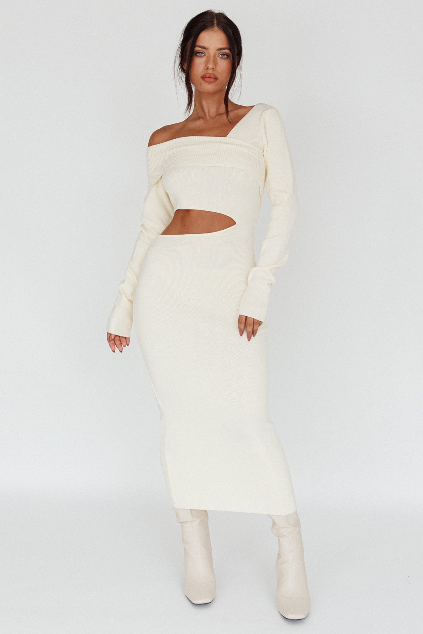 Tamar Long Sleeve One-Shoulder Midi Dress Cream-Maymioy
