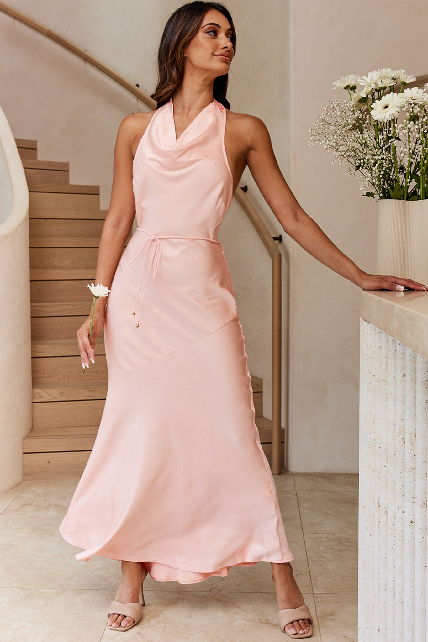 India Cowl Halterneck Satin Maxi Dress Blush-Maymioy